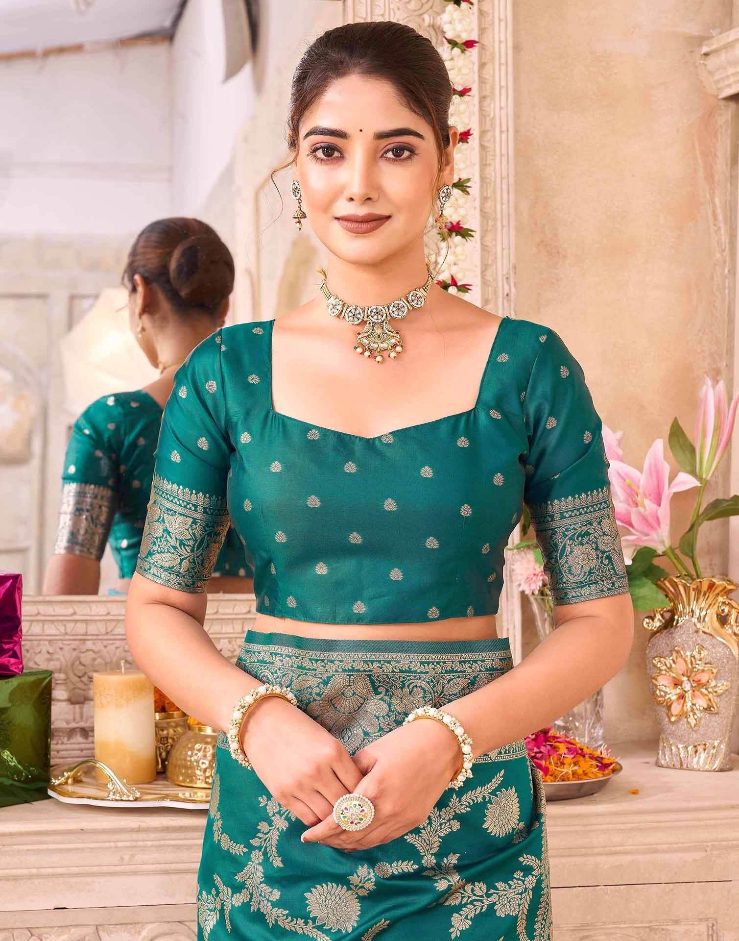 Teal Green Silk Woven Banarasi Saree