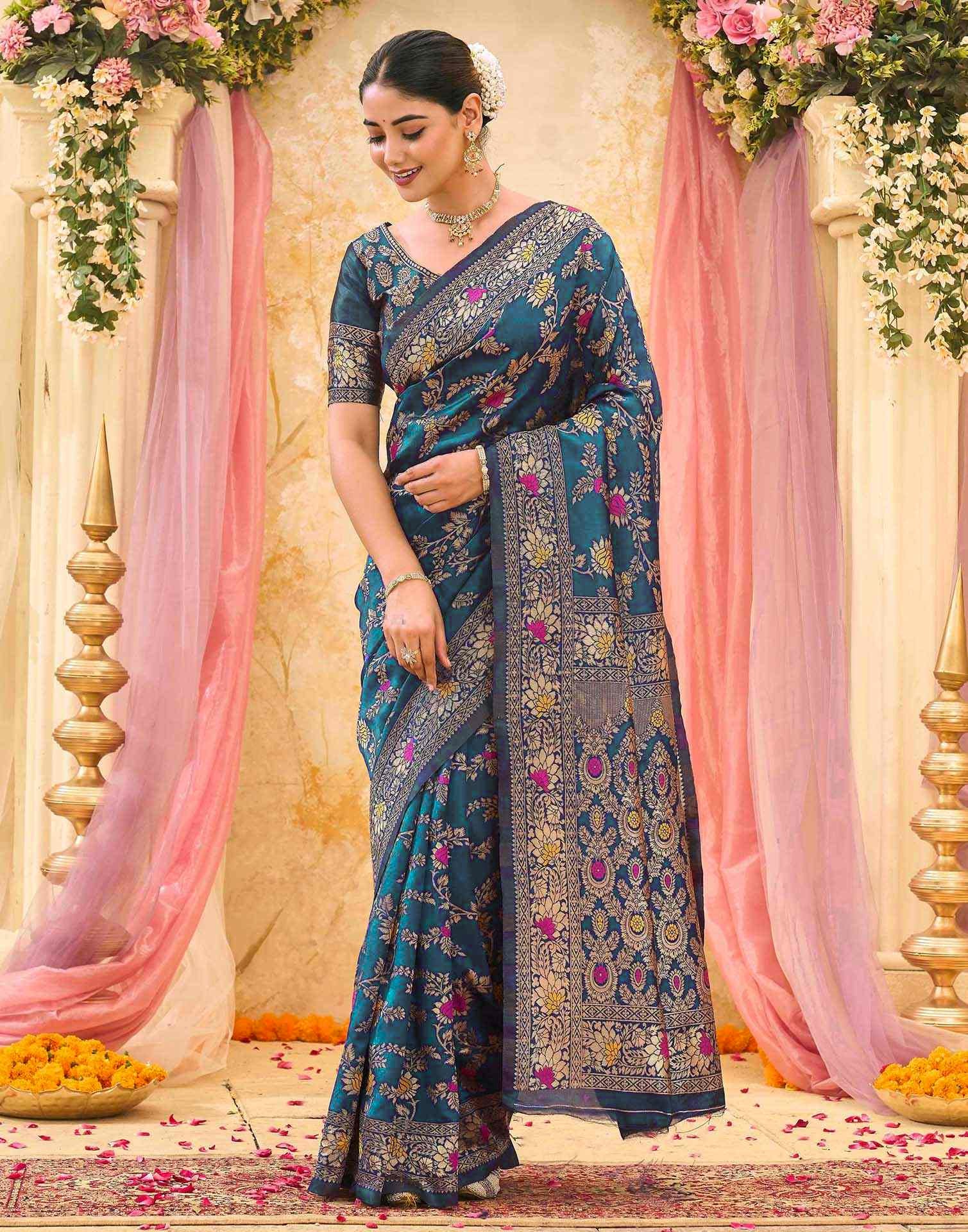Rama Blue Silk Woven Banarasi Saree