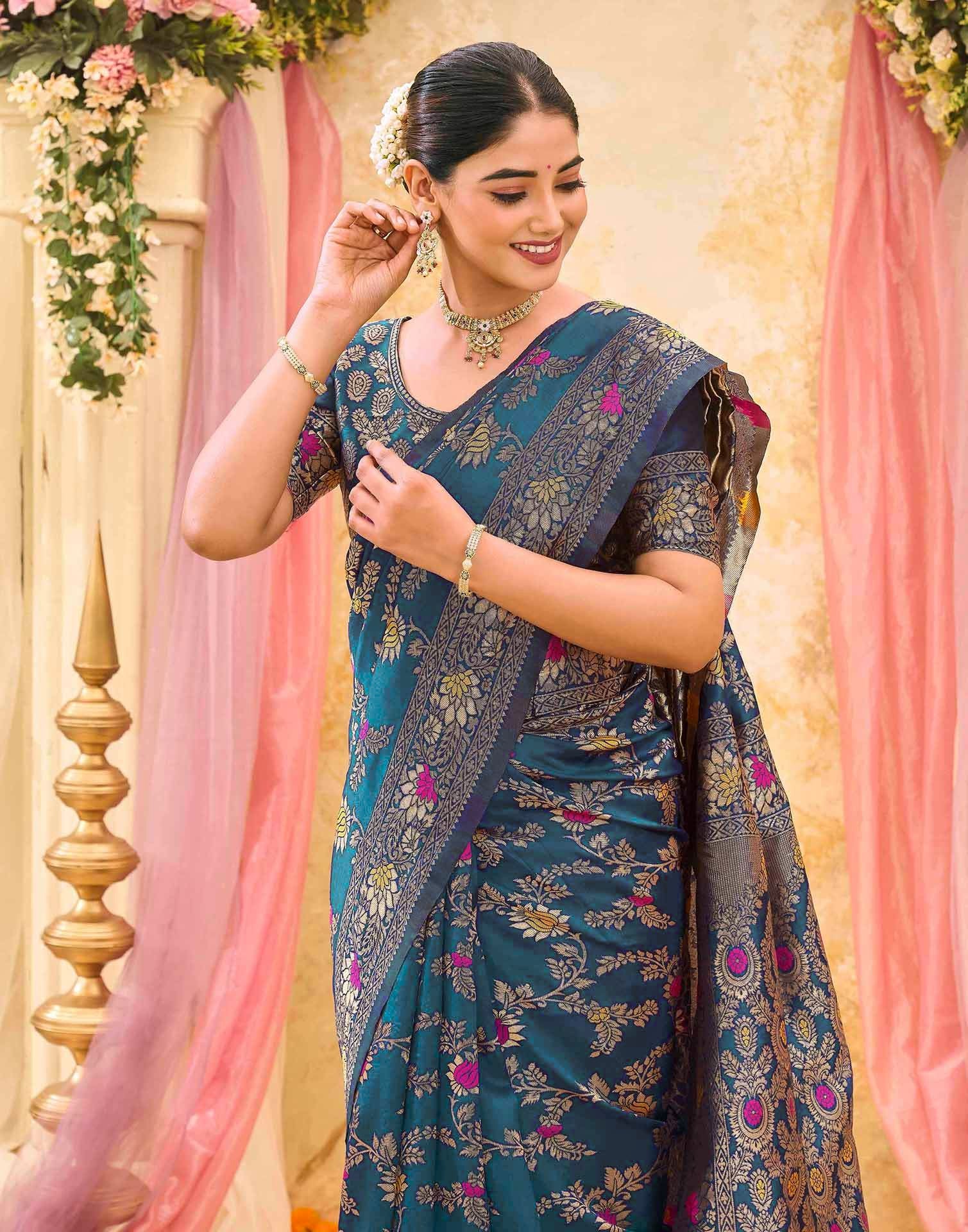 Rama Blue Silk Woven Banarasi Saree
