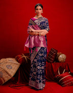 Navy Blue Silk Woven Banarasi Saree