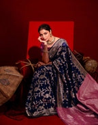 Navy Blue Silk Woven Banarasi Saree