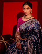 Navy Blue Silk Woven Banarasi Saree