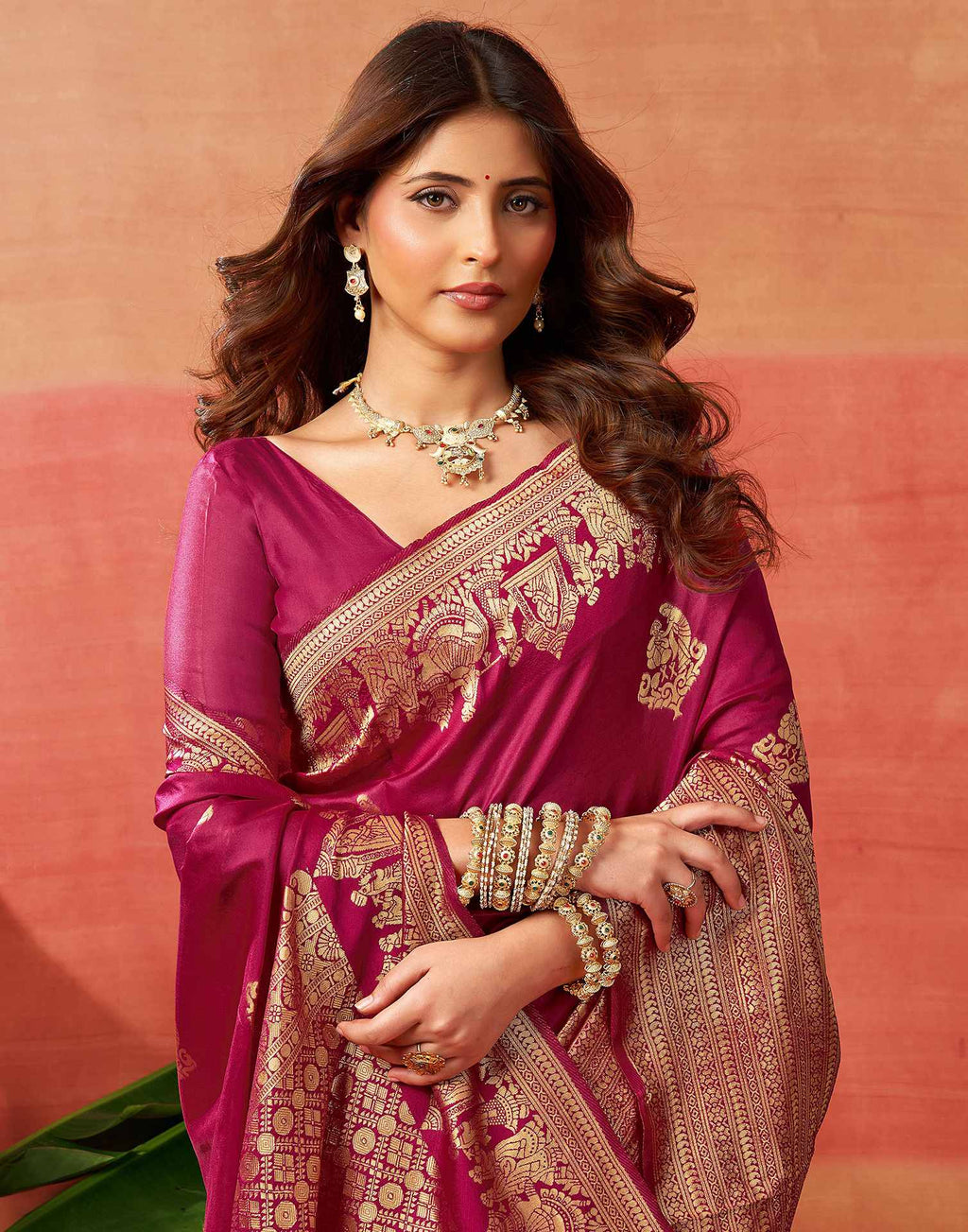 Dark Pink Silk Woven Kanjivaram Saree