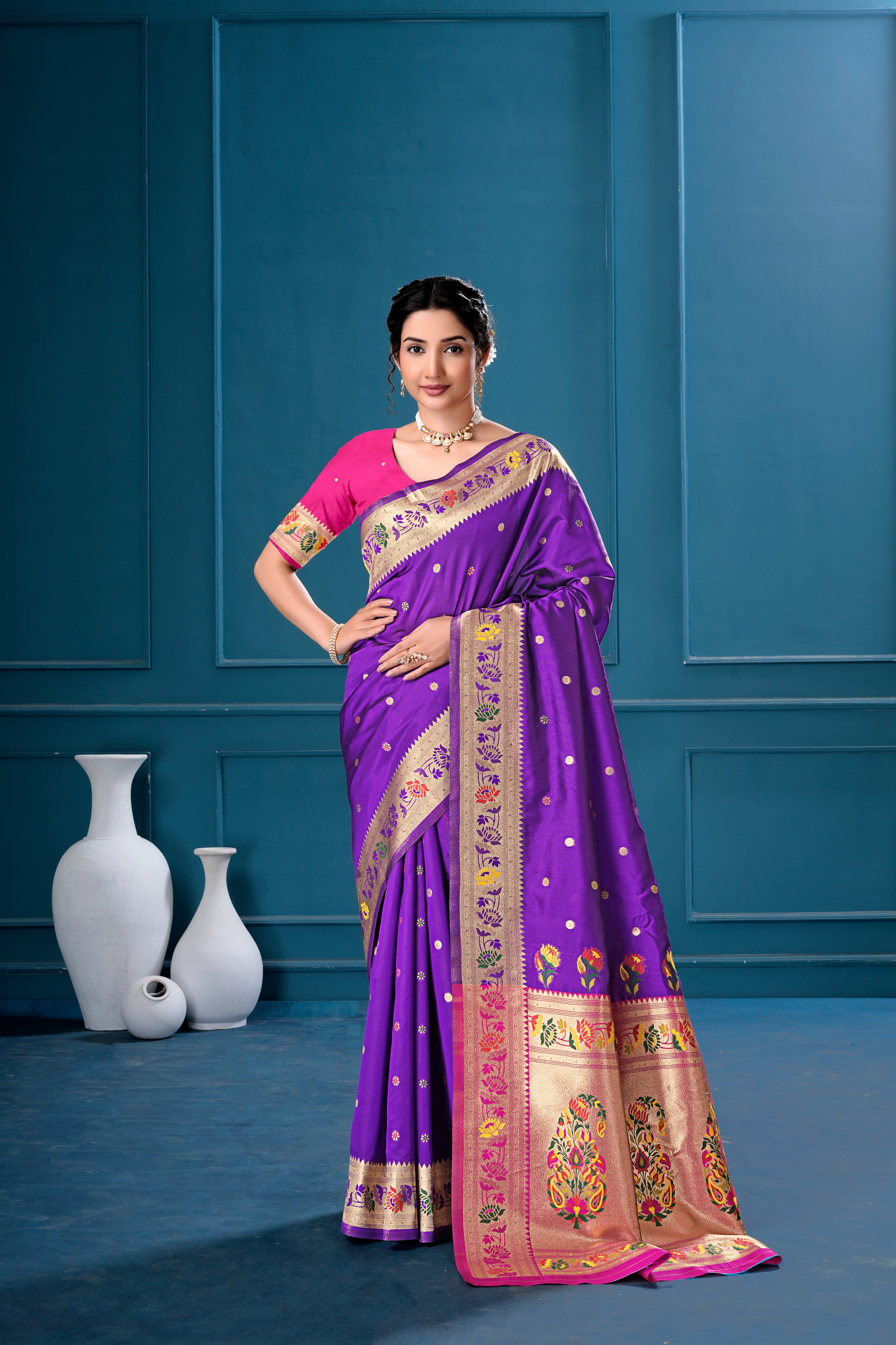 Purple Silk Woven Paithani Saree With Weaving Zari Work