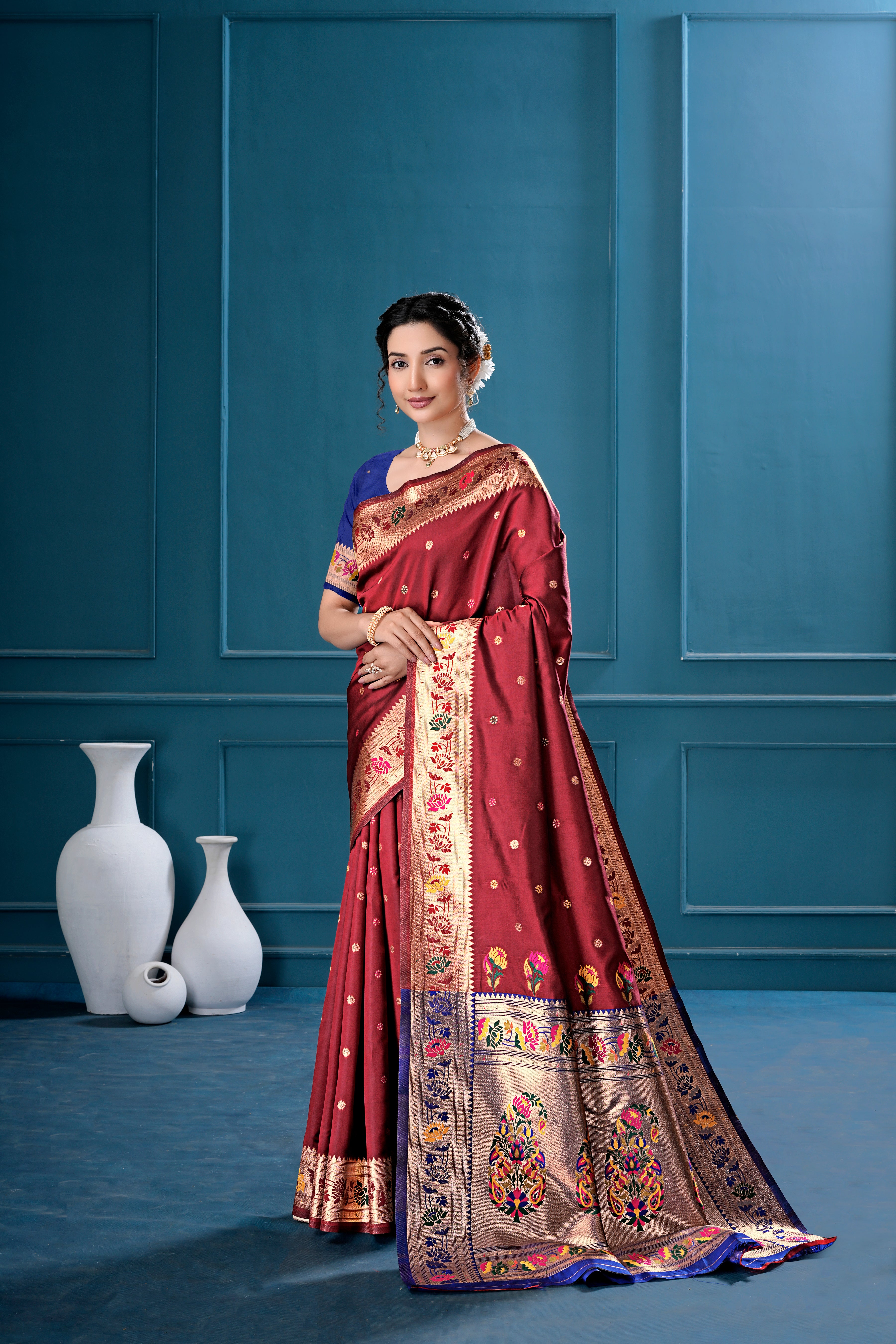 Maroon Silk Woven Paithani Saree With Weaving Zari Work