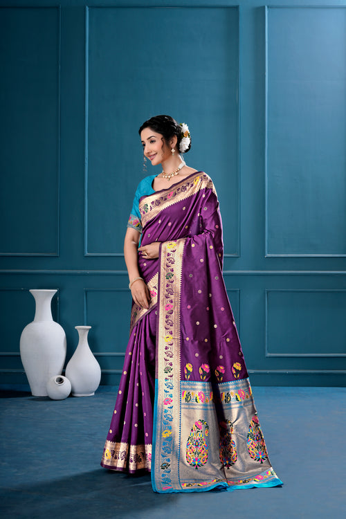 Dark Purple Silk Woven Paithani Saree With Weaving Zari Work