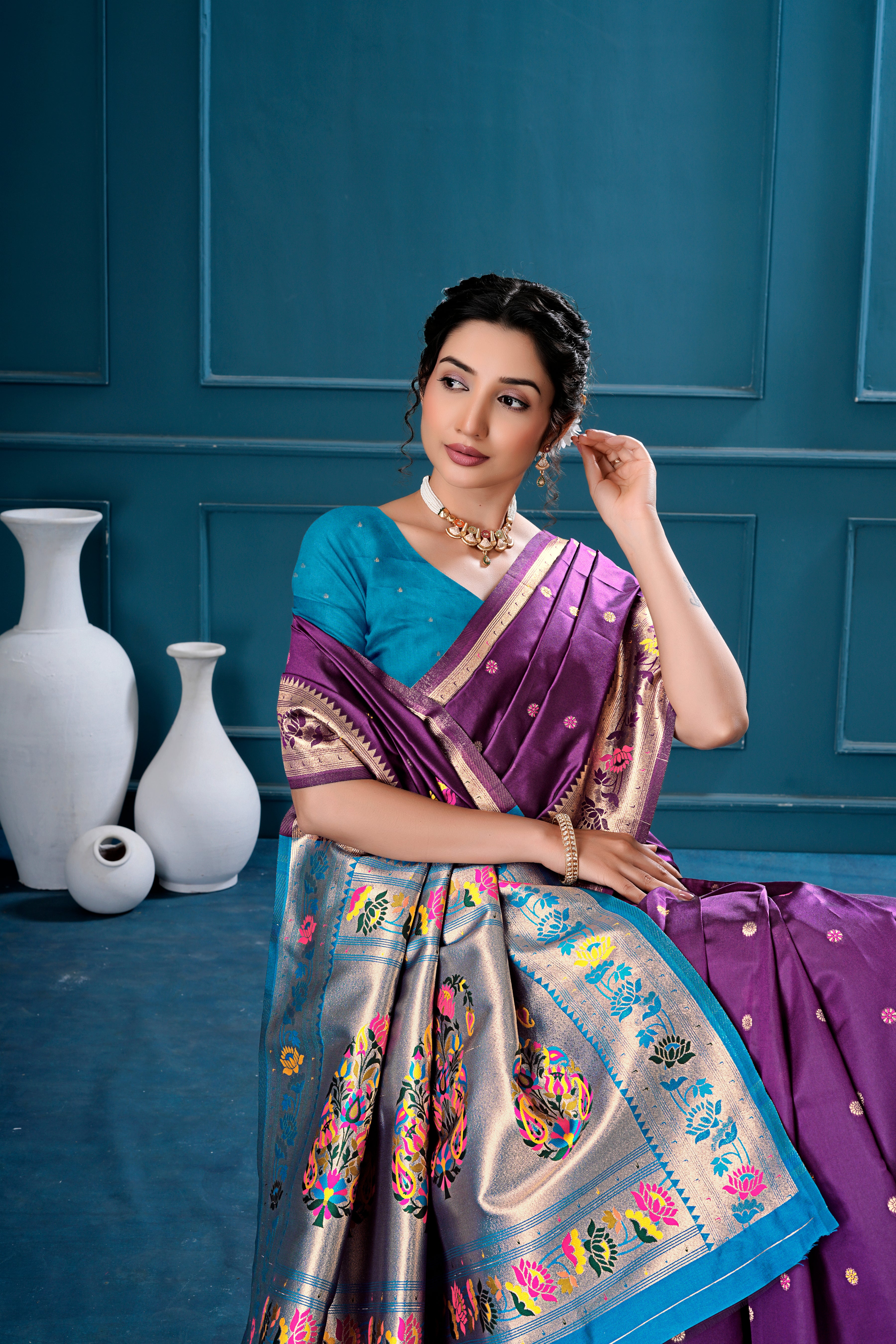 Dark Purple Silk Woven Paithani Saree With Weaving Zari Work