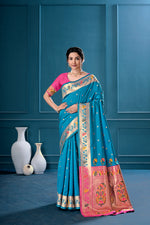Teal Blue Silk Woven Paithani Saree With Weaving Zari Work