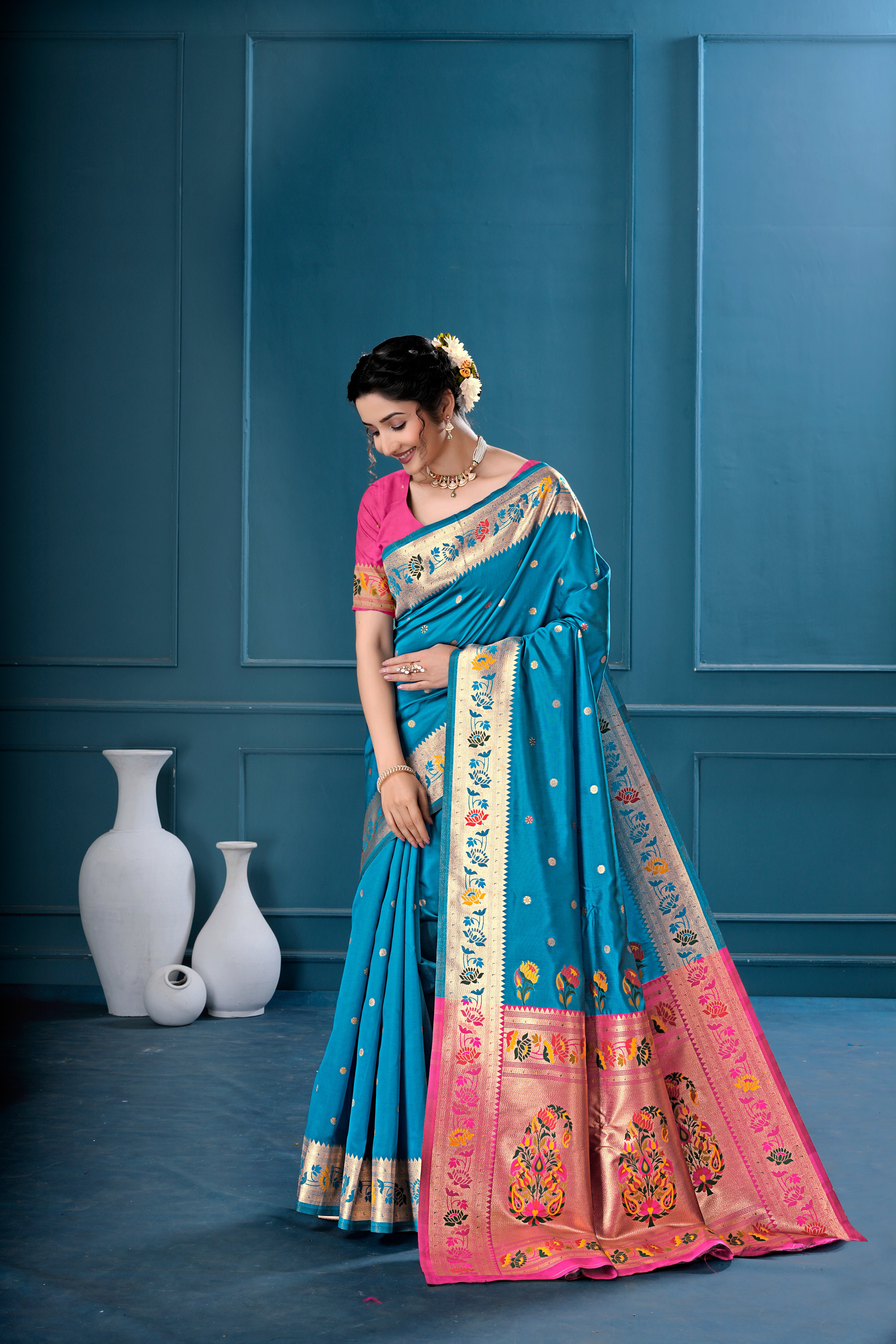 Teal Blue Silk Woven Paithani Saree With Weaving Zari Work