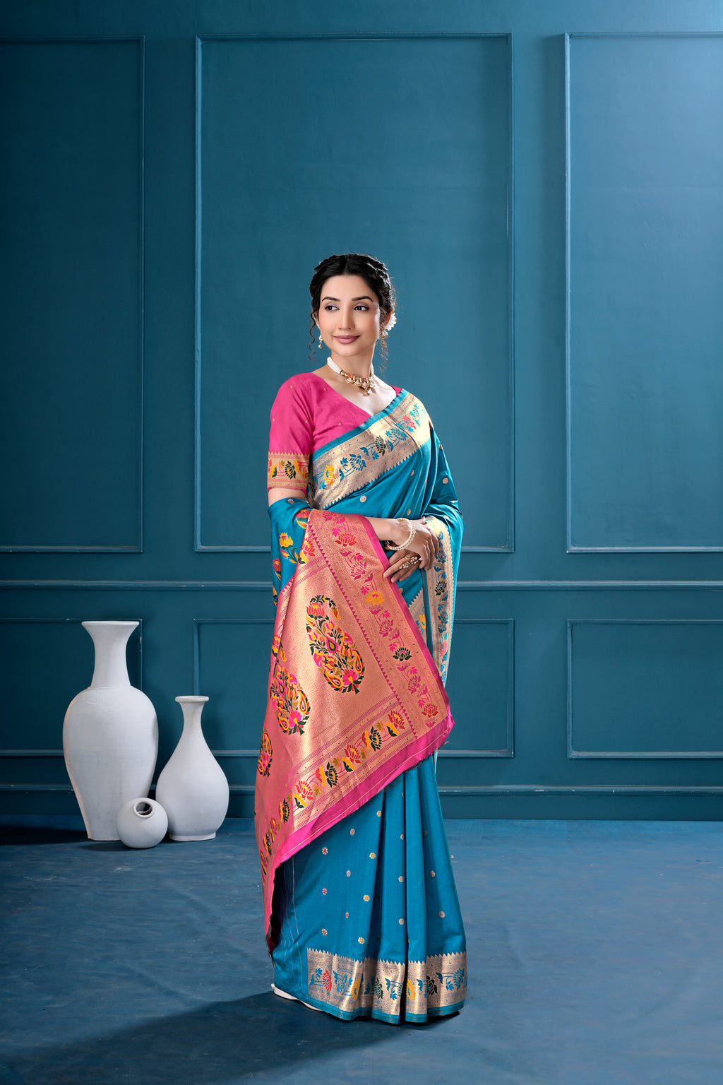 Teal Blue Silk Woven Paithani Saree With Weaving Zari Work