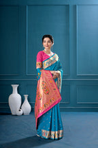 Teal Blue Silk Woven Paithani Saree With Weaving Zari Work