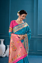 Teal Blue Silk Woven Paithani Saree With Weaving Zari Work