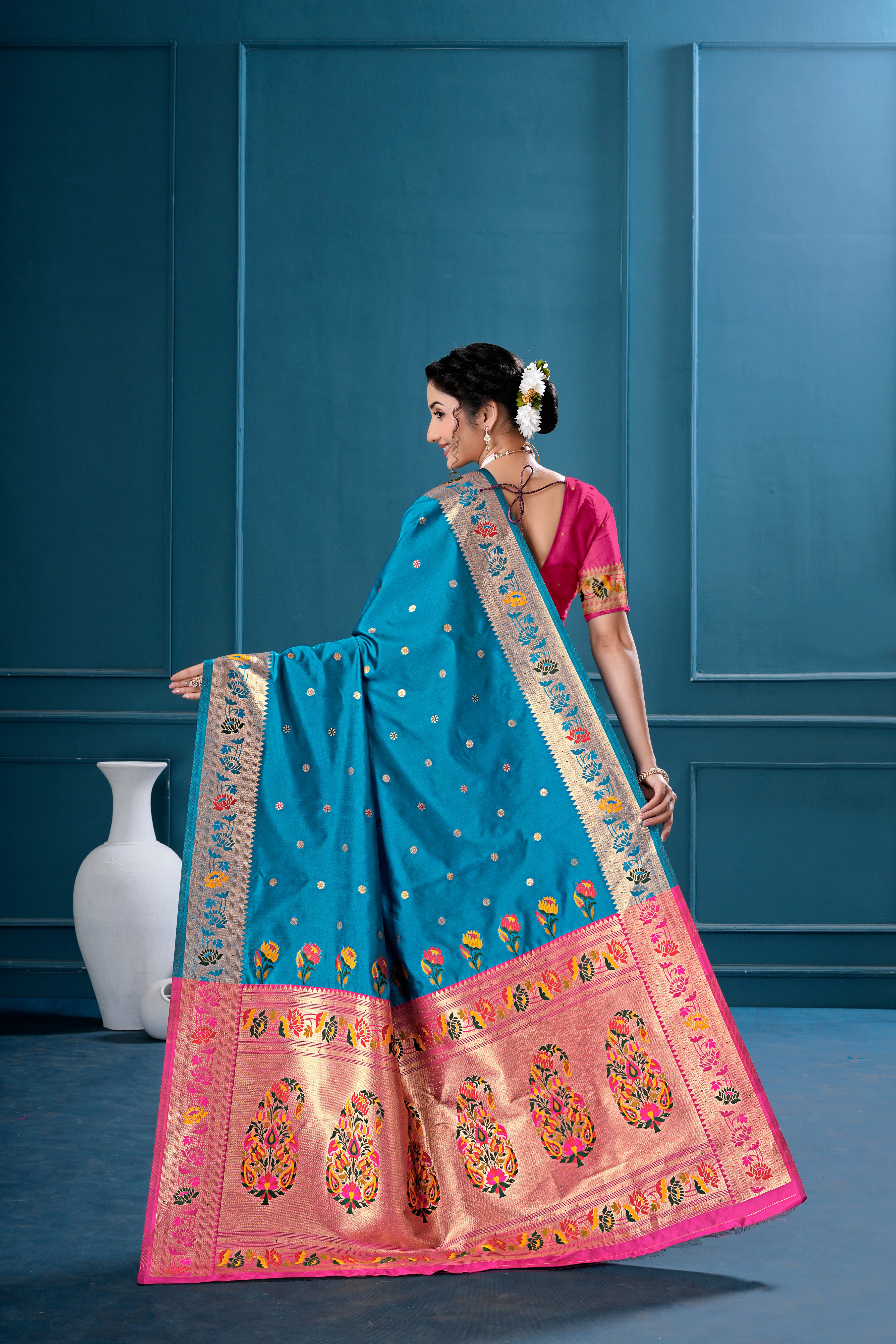 Teal Blue Silk Woven Paithani Saree With Weaving Zari Work