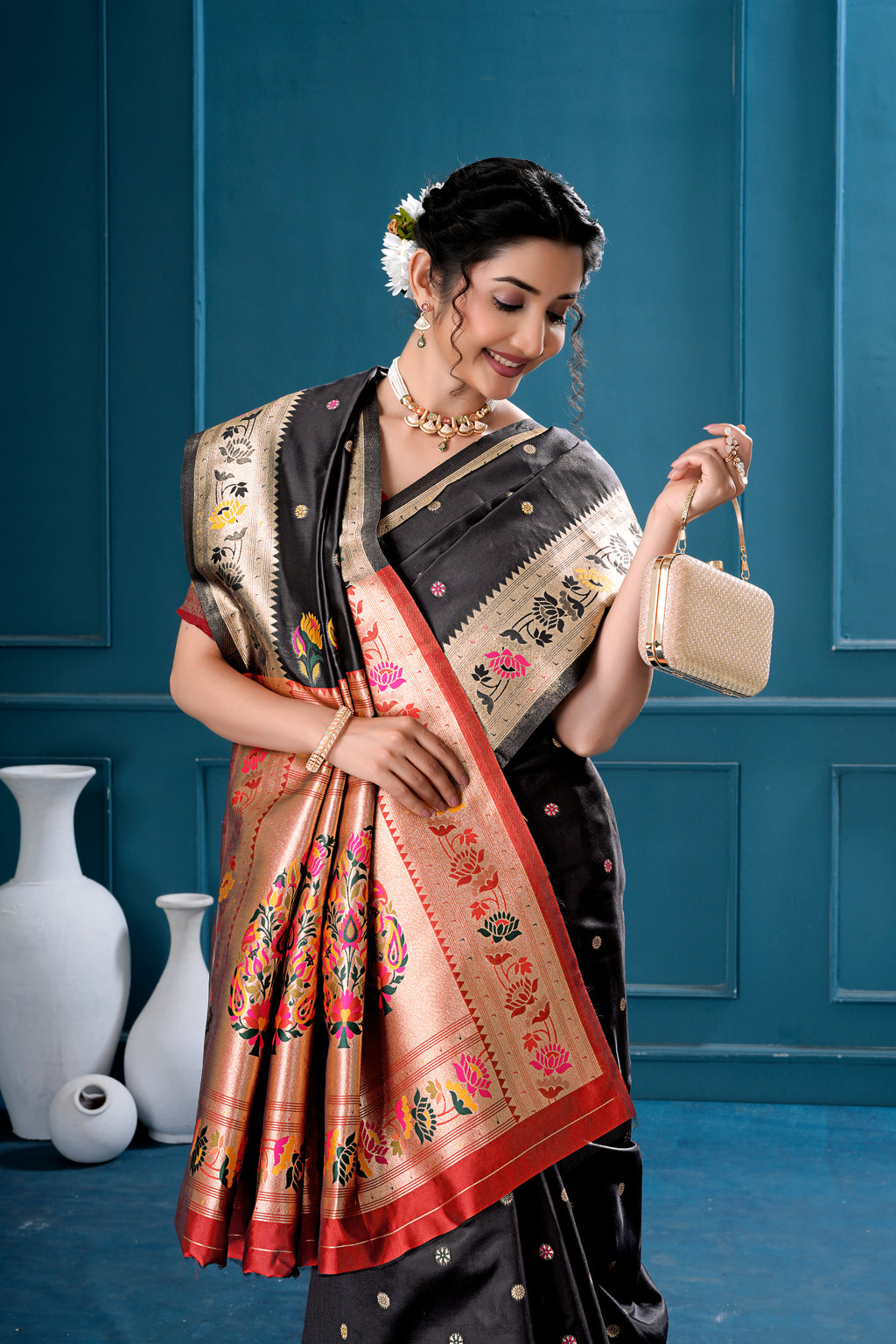 Black Silk Woven Paithani Saree With Weaving Zari Work