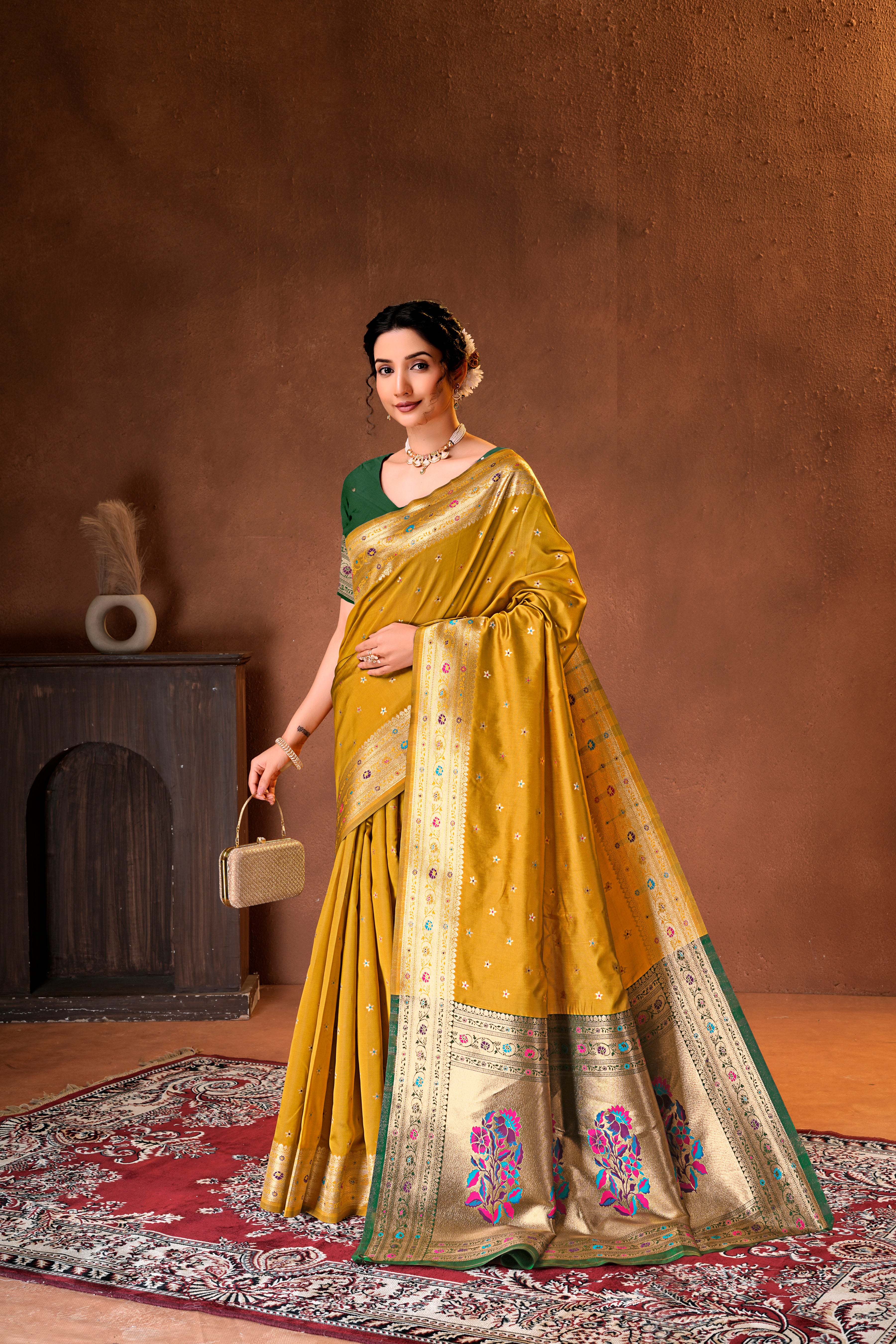 Mustard Yellow Silk Woven Paithani Saree With Weaving Zari Work