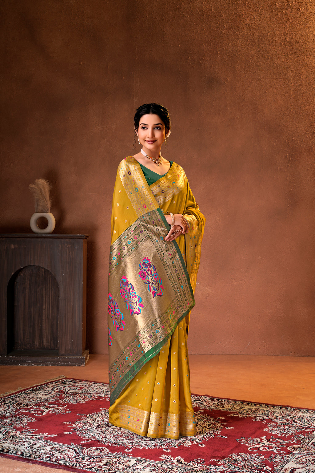 Mustard Yellow Silk Woven Paithani Saree With Weaving Zari Work