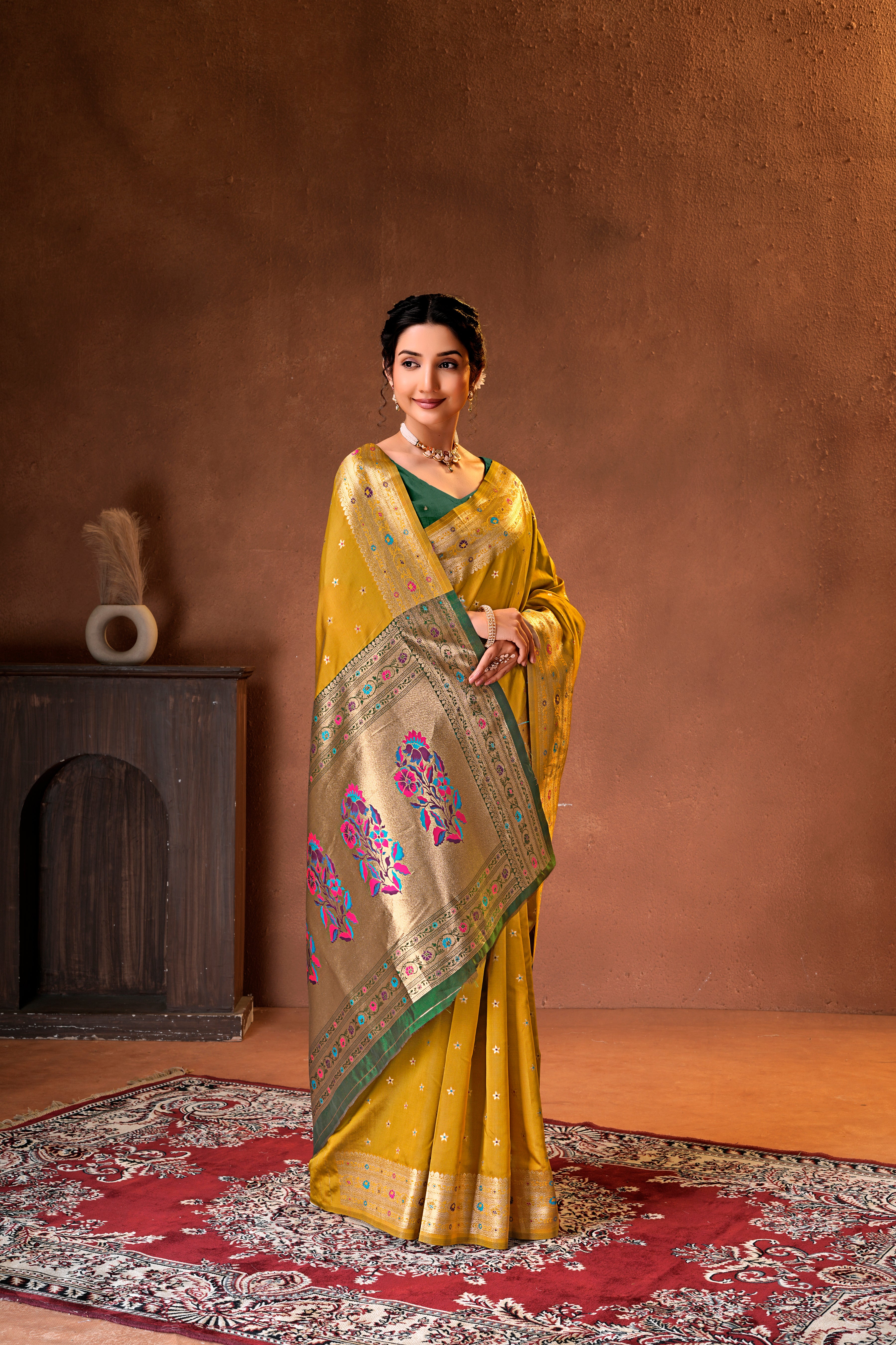 Mustard Yellow Silk Woven Paithani Saree With Weaving Zari Work