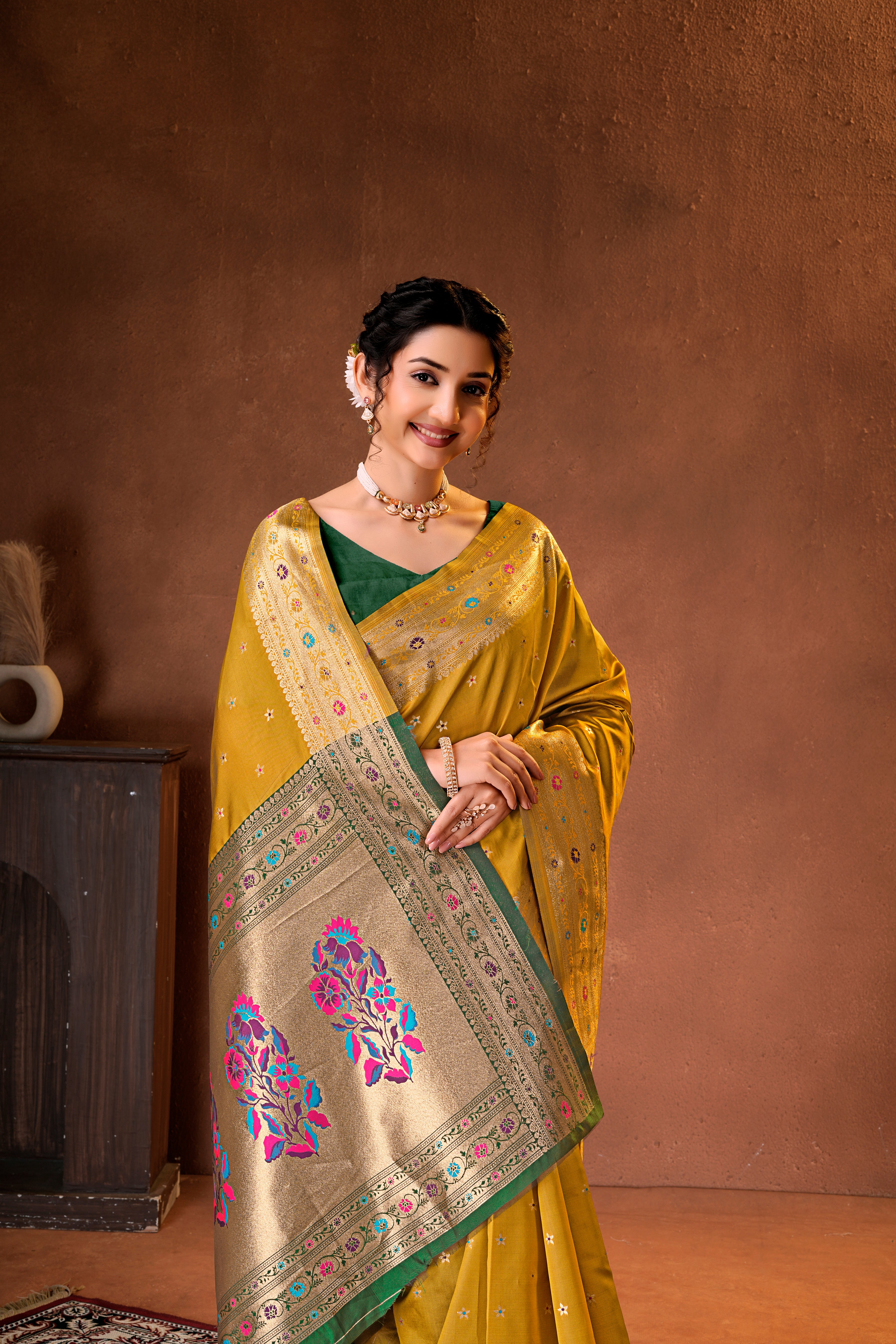 Mustard Yellow Silk Woven Paithani Saree With Weaving Zari Work