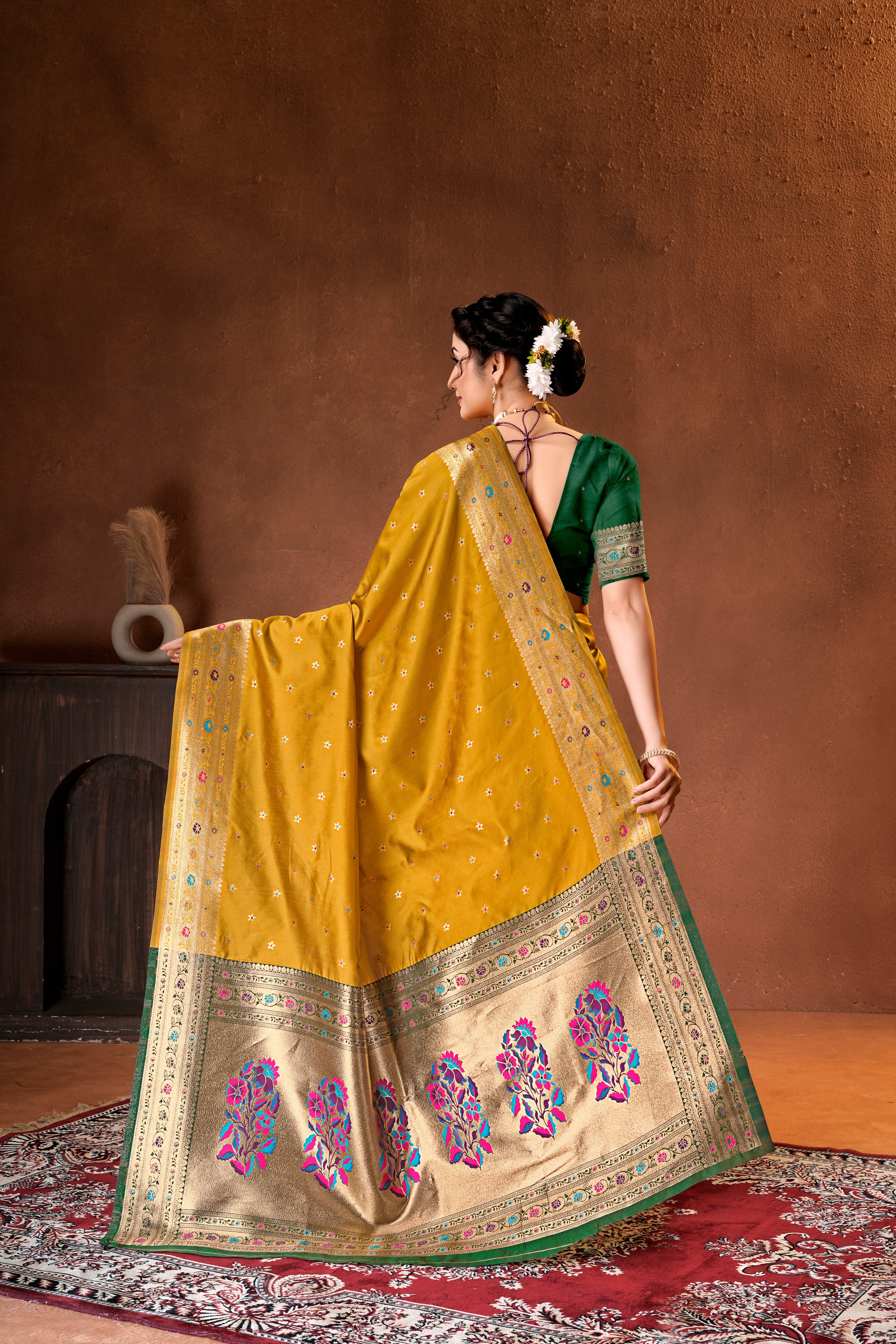 Mustard Yellow Silk Woven Paithani Saree With Weaving Zari Work