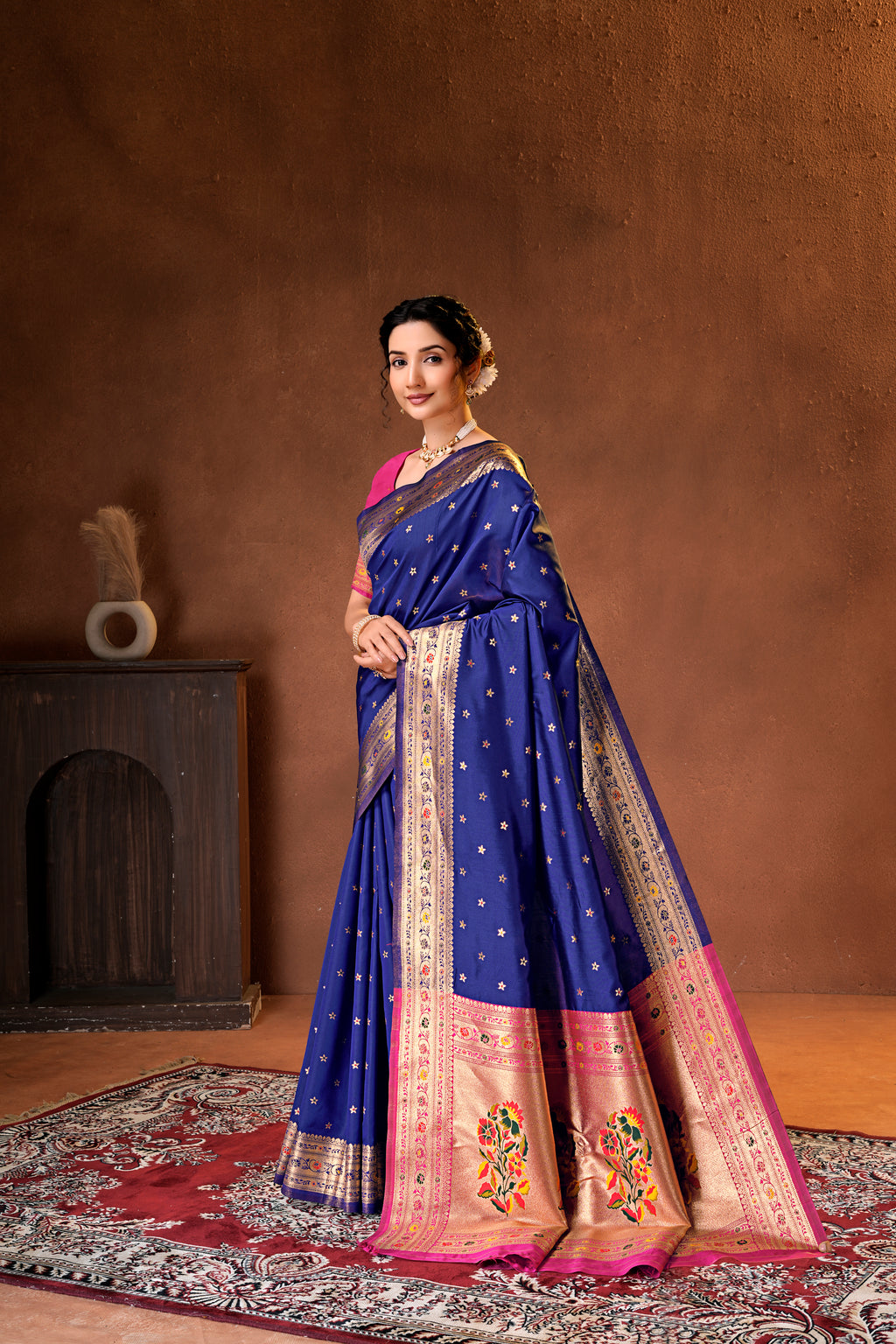 Navy Blue Silk Woven Paithani Saree With Weaving Zari Work
