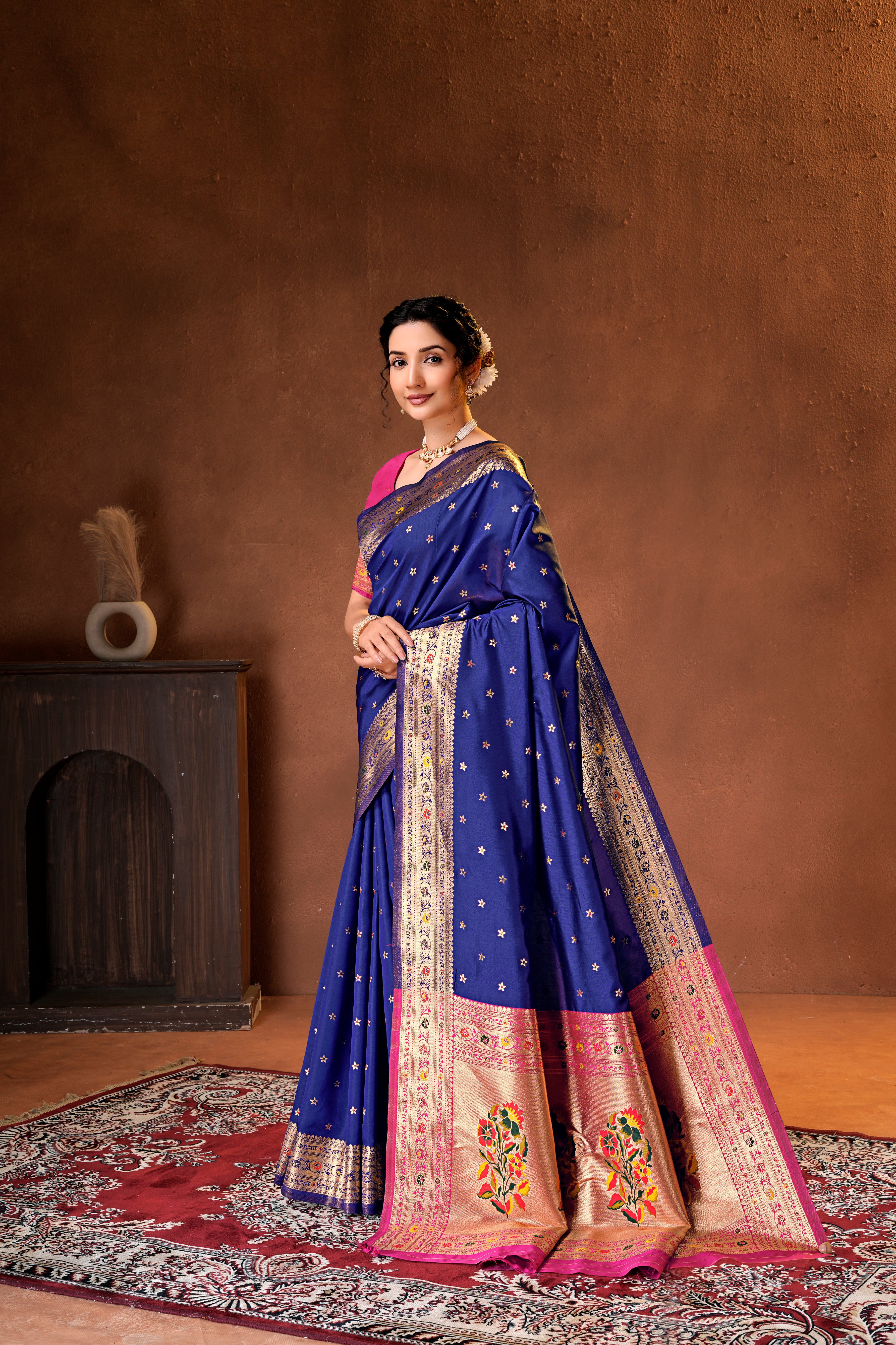 Navy Blue Silk Woven Paithani Saree With Weaving Zari Work