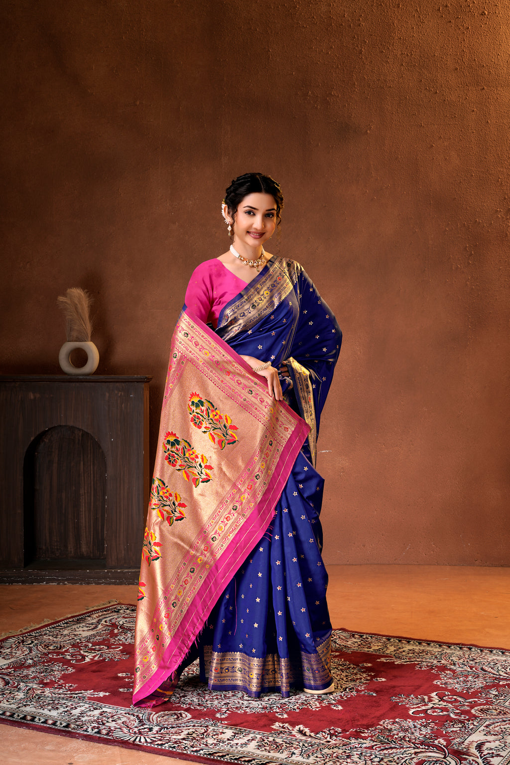 Navy Blue Silk Woven Paithani Saree With Weaving Zari Work