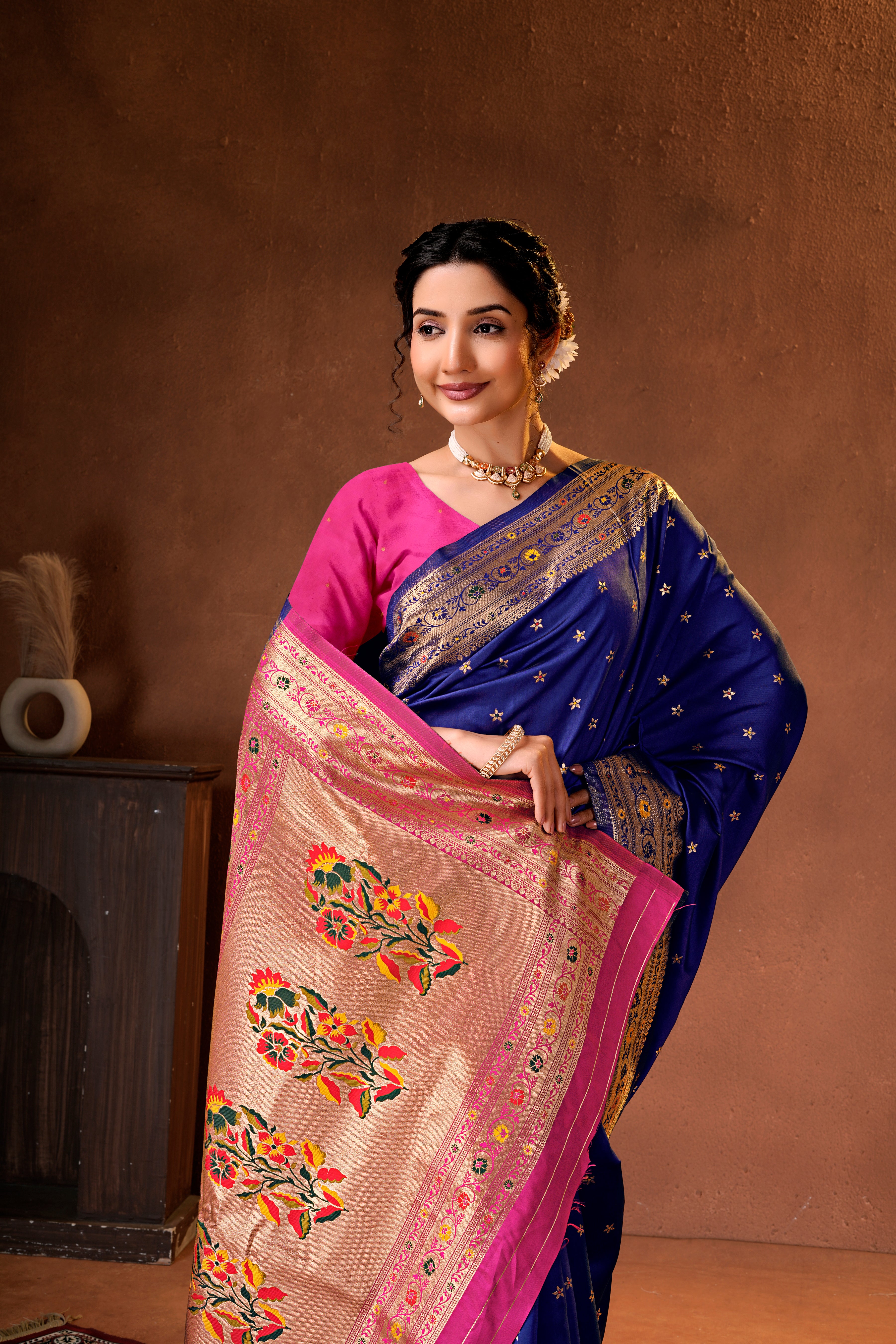 Navy Blue Silk Woven Paithani Saree With Weaving Zari Work