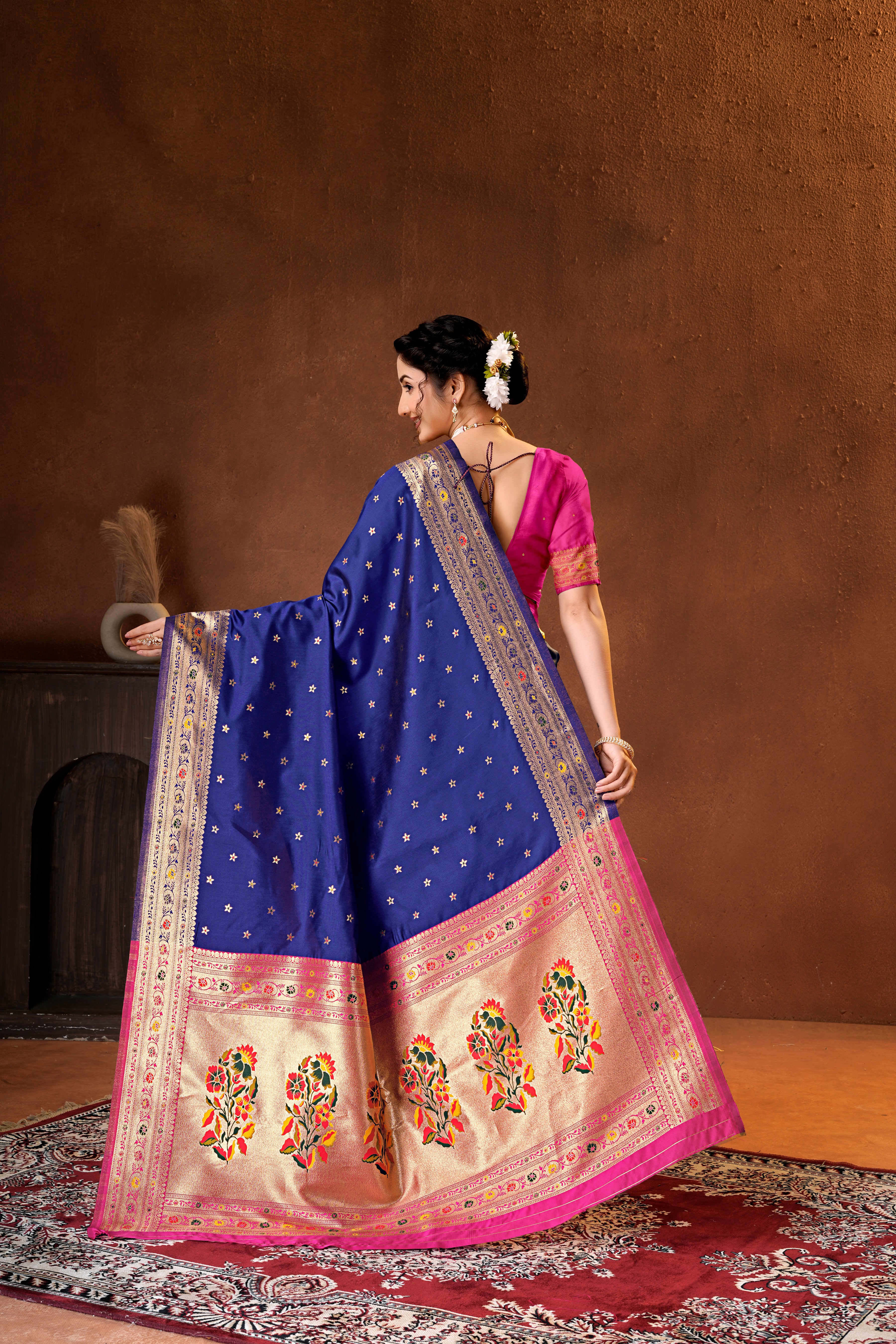 Navy Blue Silk Woven Paithani Saree With Weaving Zari Work