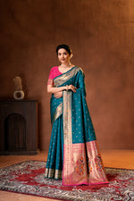 Rama Blue Silk Woven Paithani Saree With Weaving Zari Work