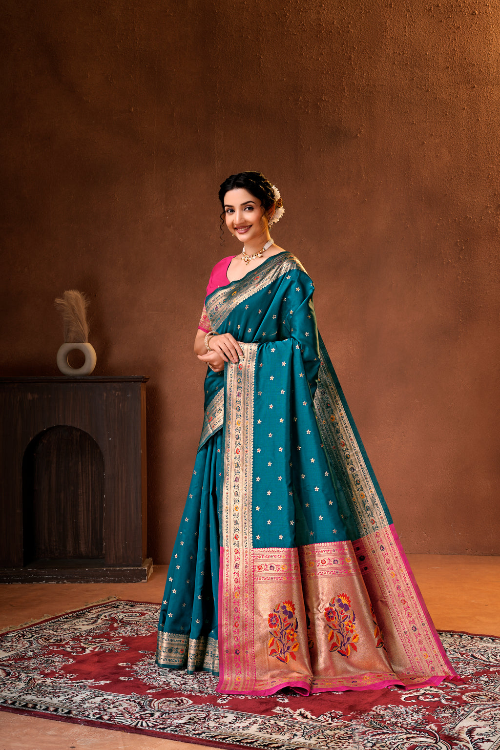 Rama Blue Silk Woven Paithani Saree With Weaving Zari Work
