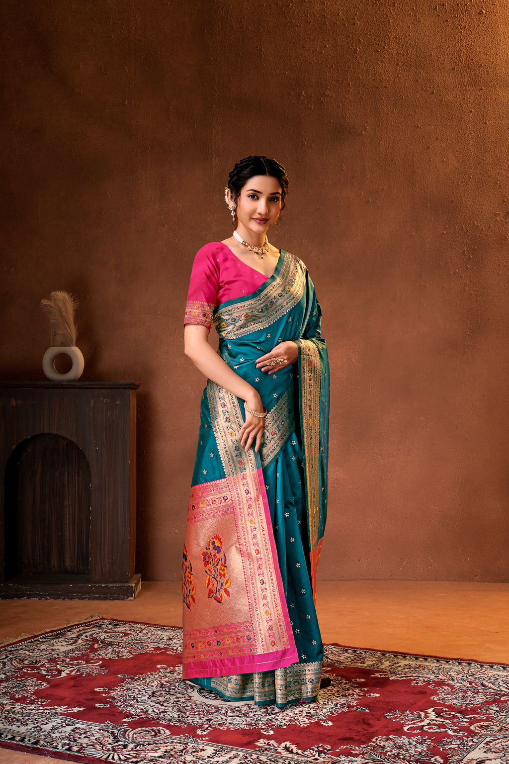 Rama Blue Silk Woven Paithani Saree With Weaving Zari Work