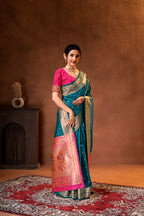 Rama Blue Silk Woven Paithani Saree With Weaving Zari Work