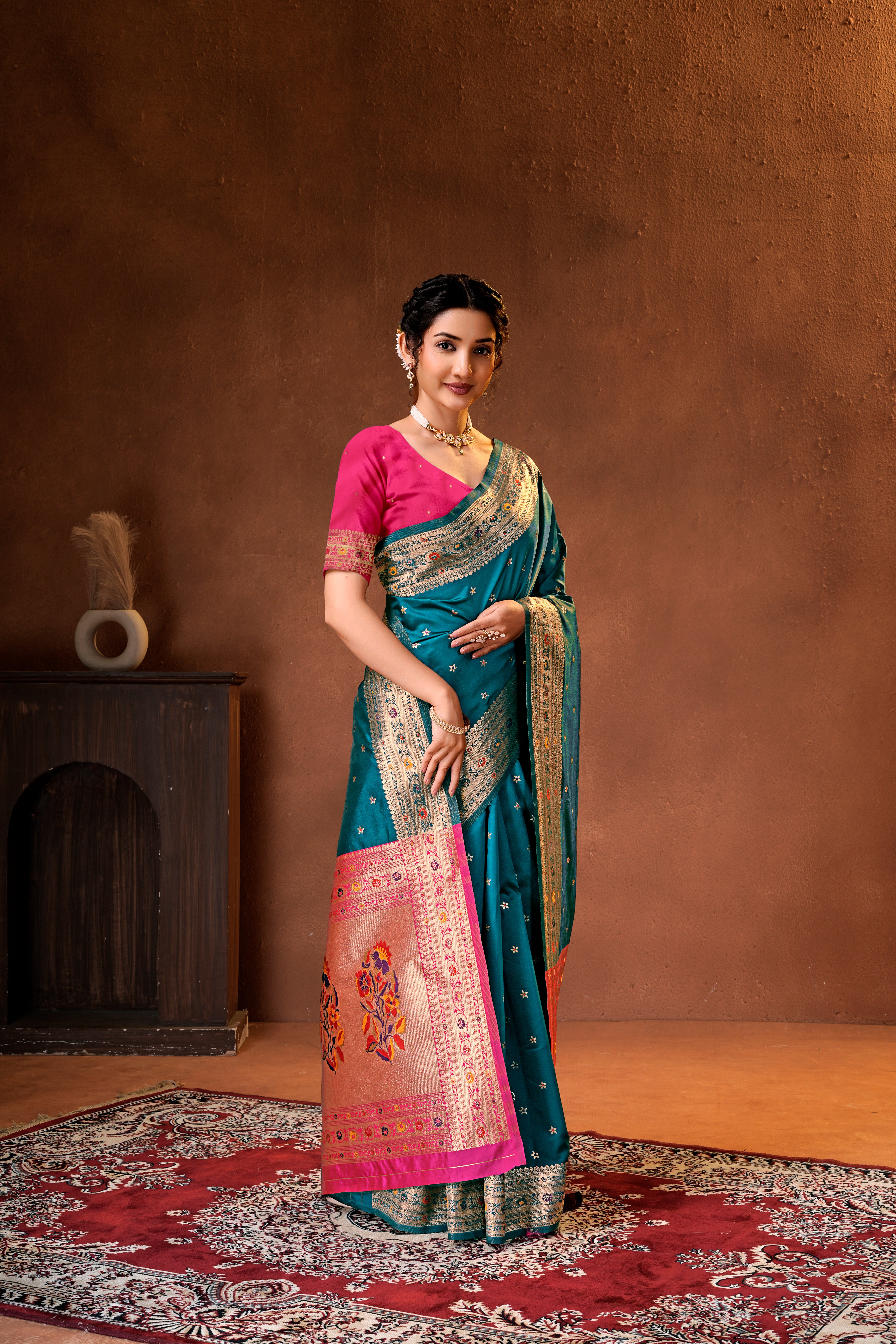 Rama Blue Silk Woven Paithani Saree With Weaving Zari Work