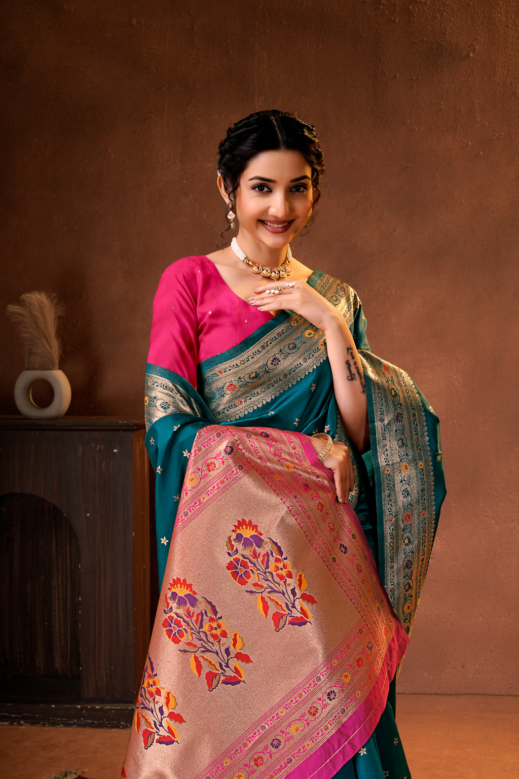 Rama Blue Silk Woven Paithani Saree With Weaving Zari Work
