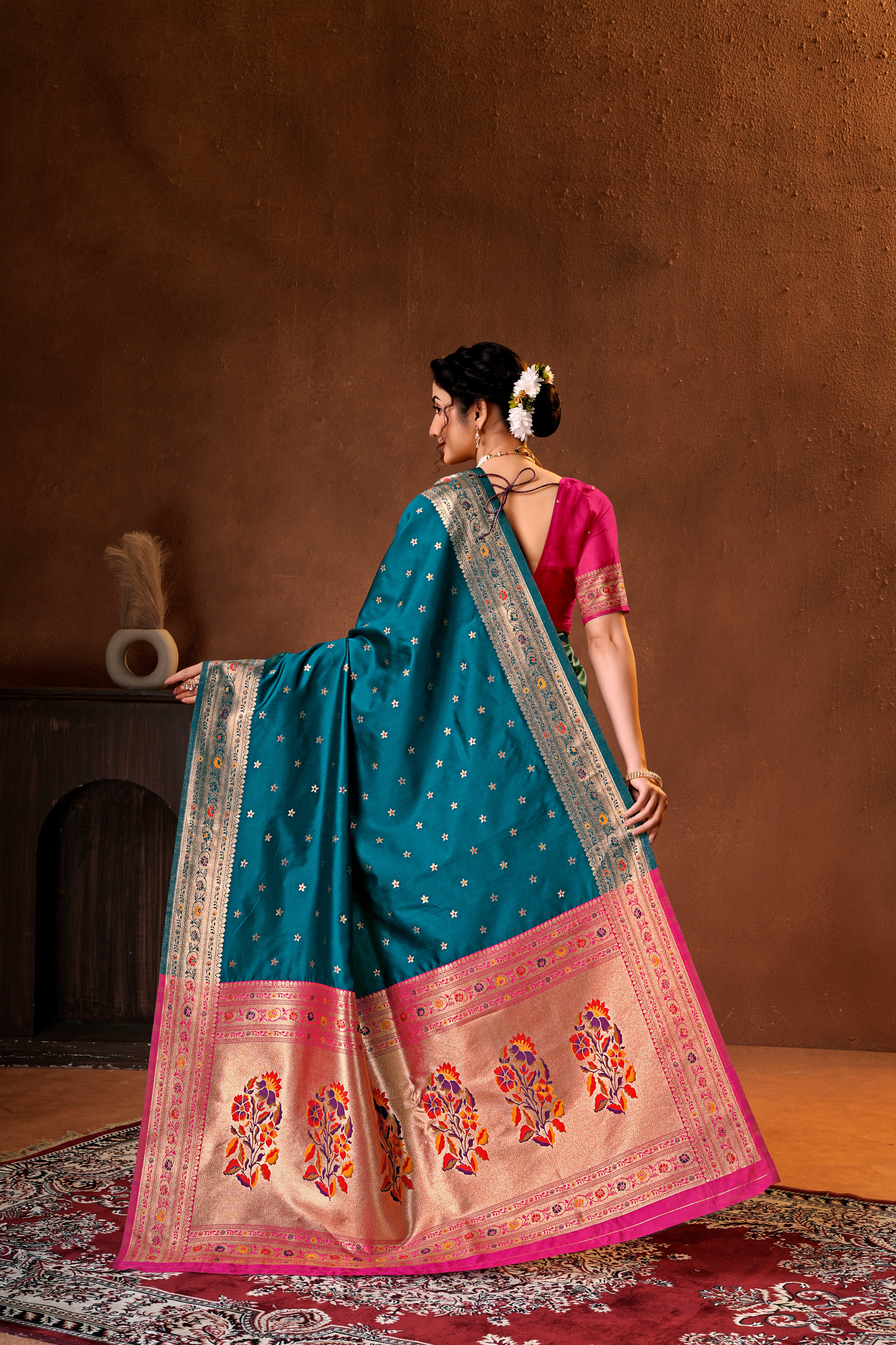 Rama Blue Silk Woven Paithani Saree With Weaving Zari Work