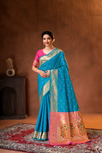 Teal Blue Silk Woven Paithani Saree With Weaving Zari Work