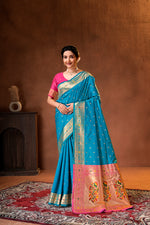 Teal Blue Silk Woven Paithani Saree With Weaving Zari Work