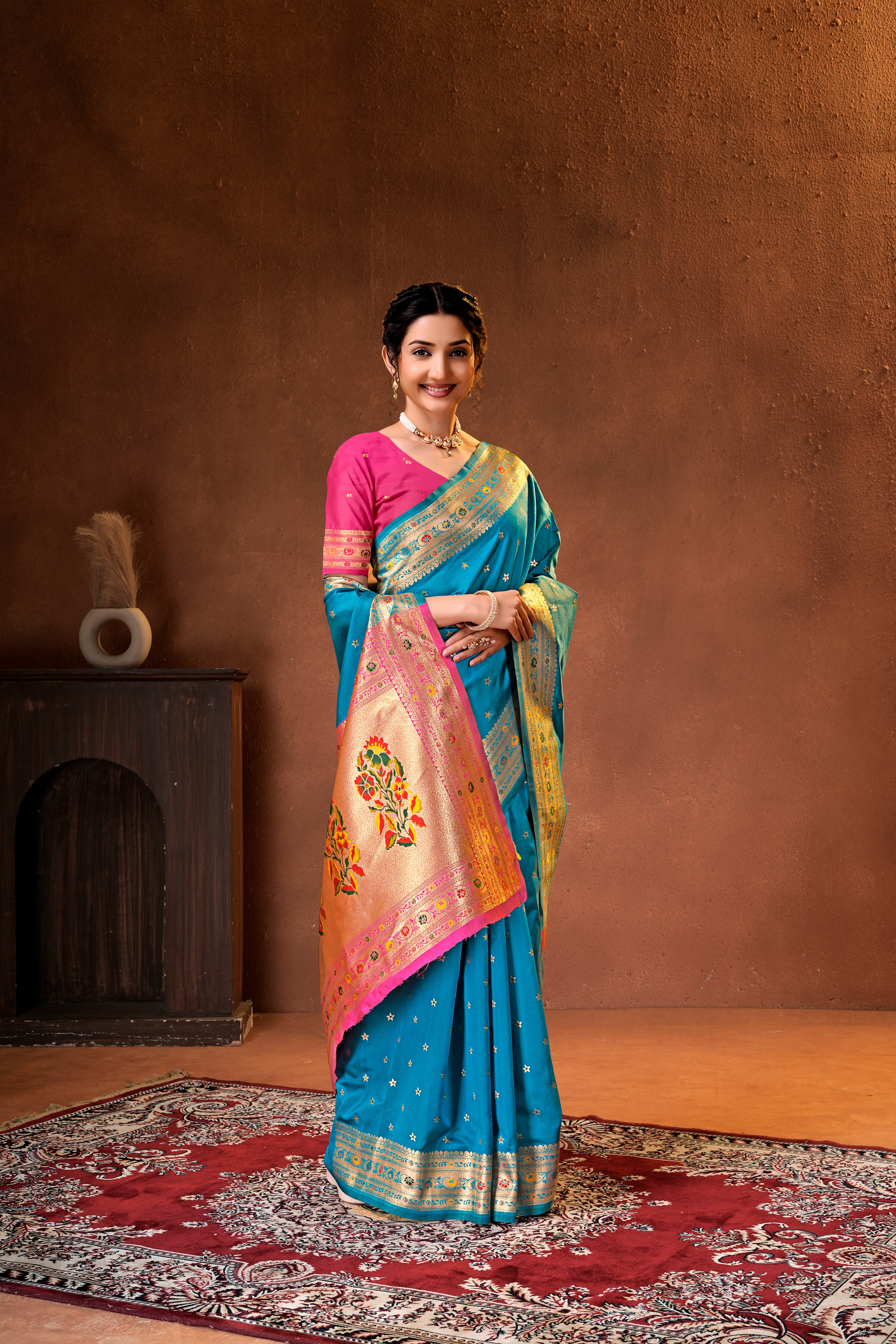 Teal Blue Silk Woven Paithani Saree With Weaving Zari Work