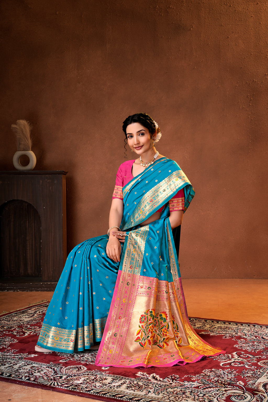Teal Blue Silk Woven Paithani Saree With Weaving Zari Work