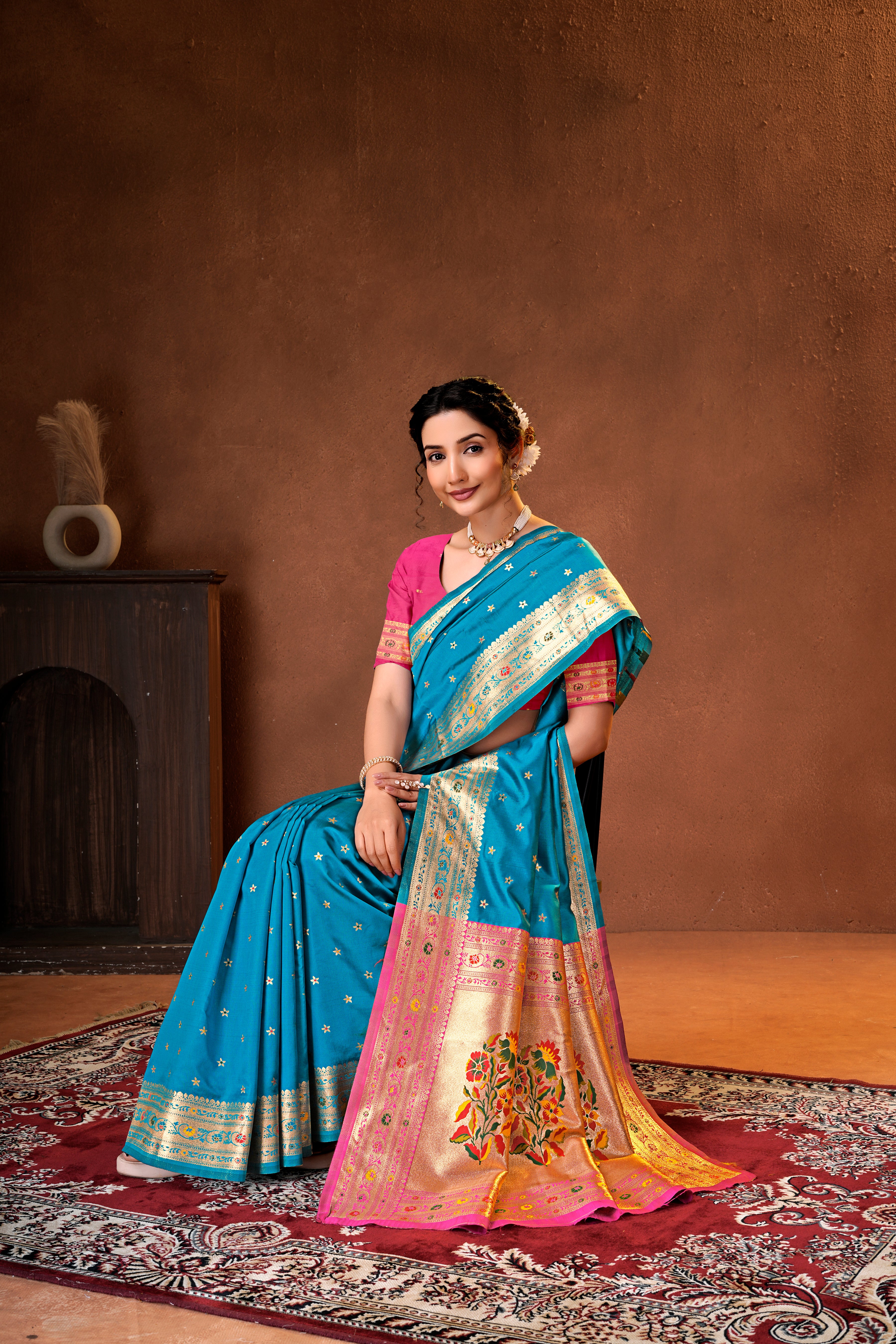 Teal Blue Silk Woven Paithani Saree With Weaving Zari Work
