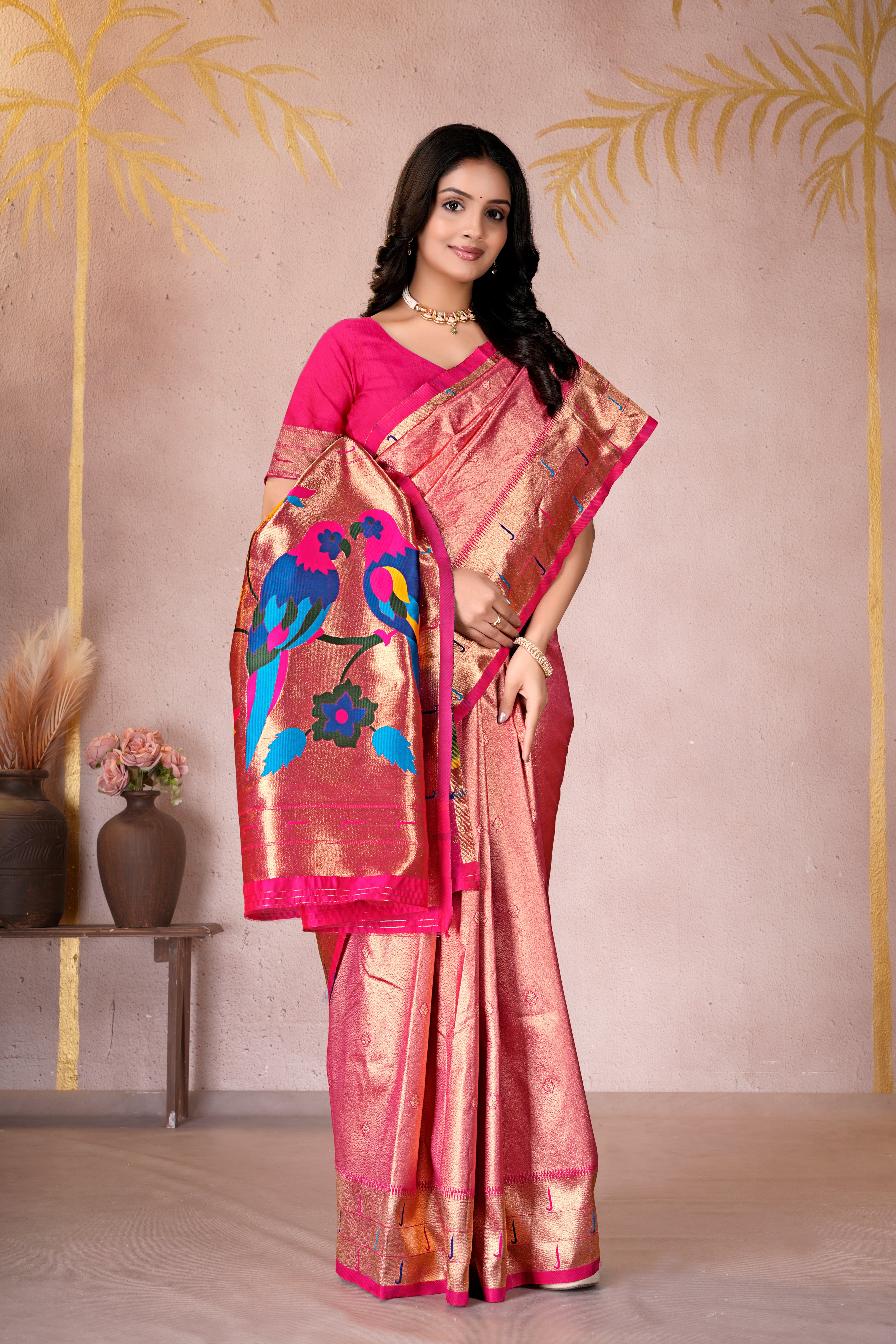 Pink Silk Woven Paithani Saree With Weaving Zari Work