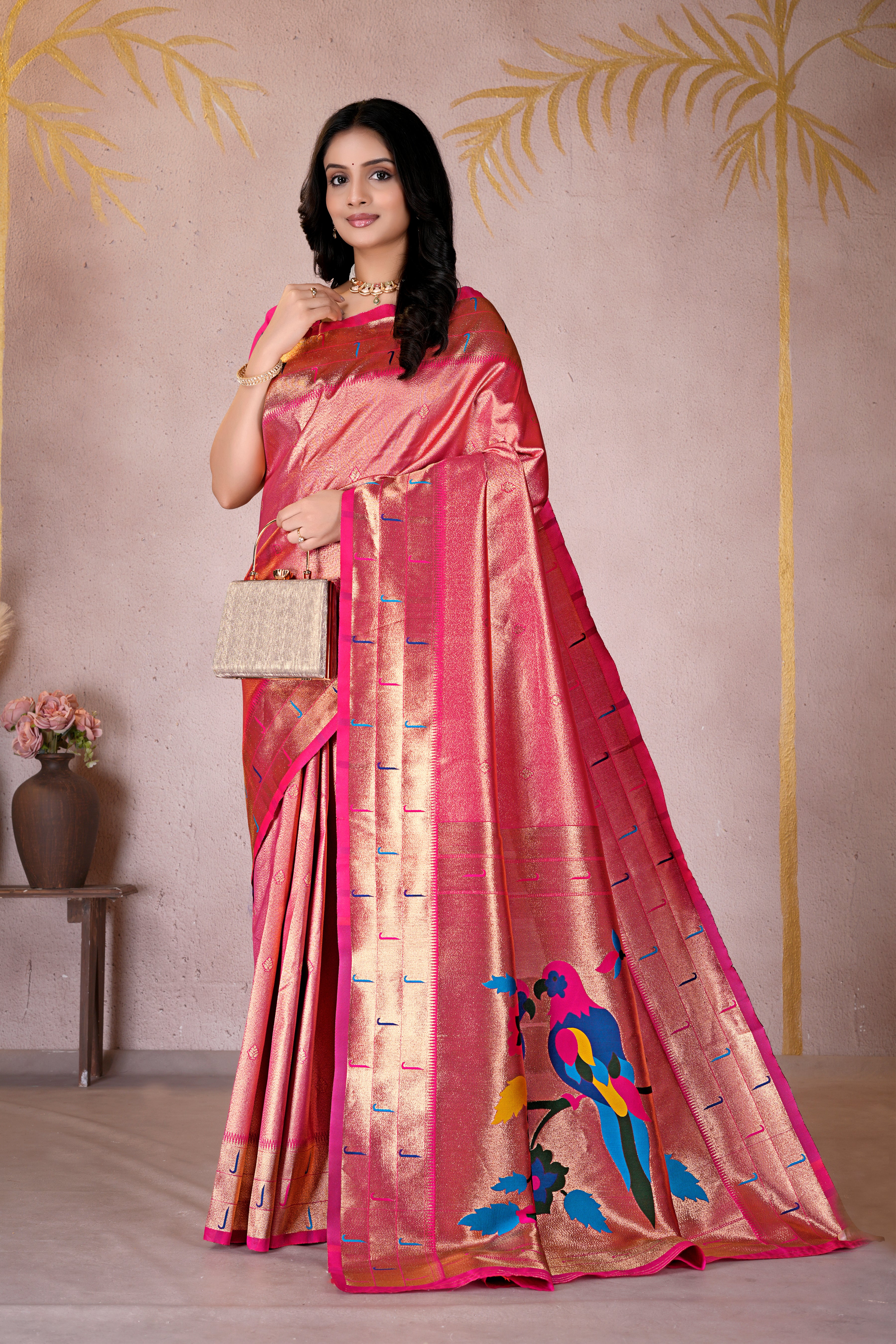 Pink Silk Woven Paithani Saree With Weaving Zari Work
