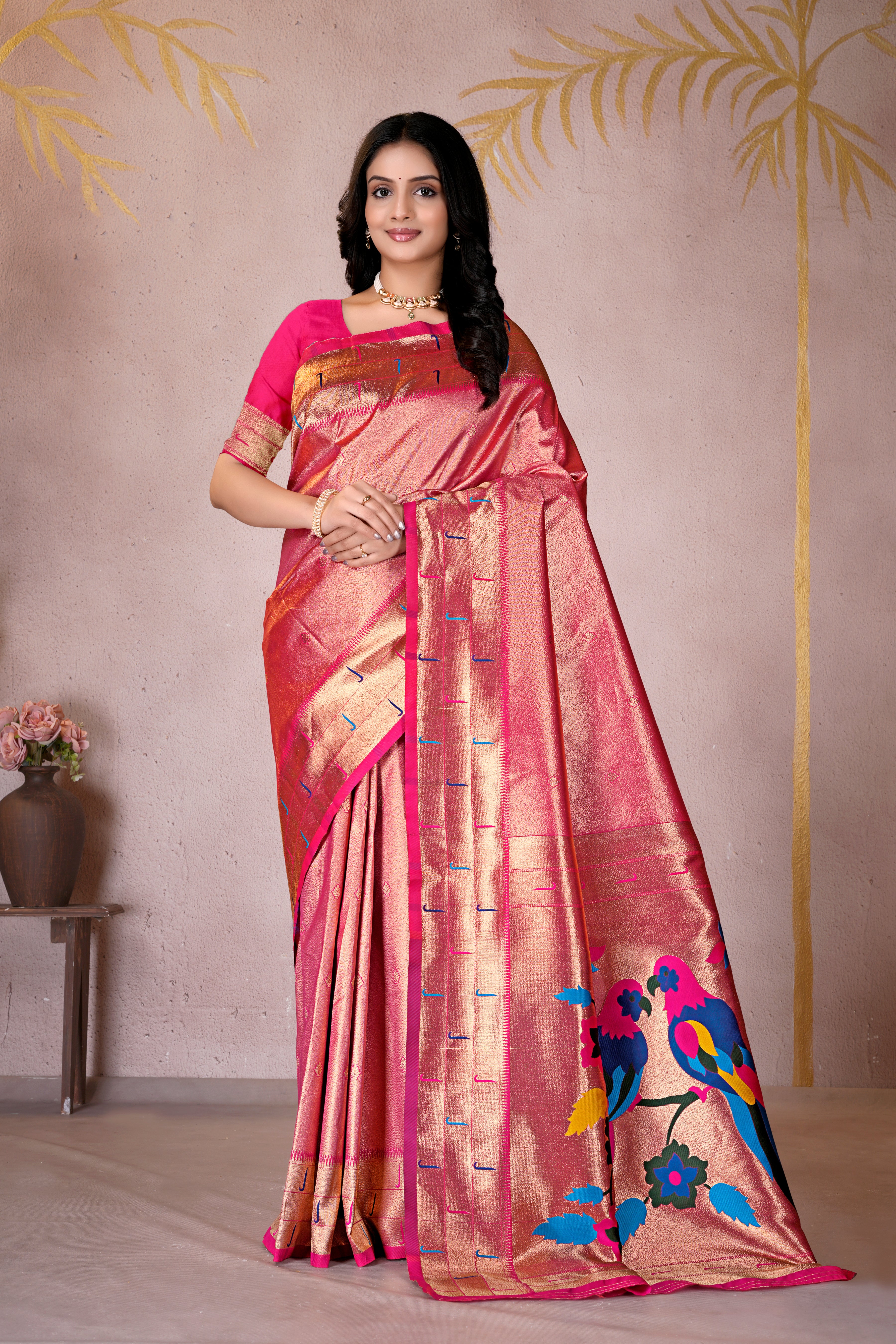 Pink Silk Woven Paithani Saree With Weaving Zari Work