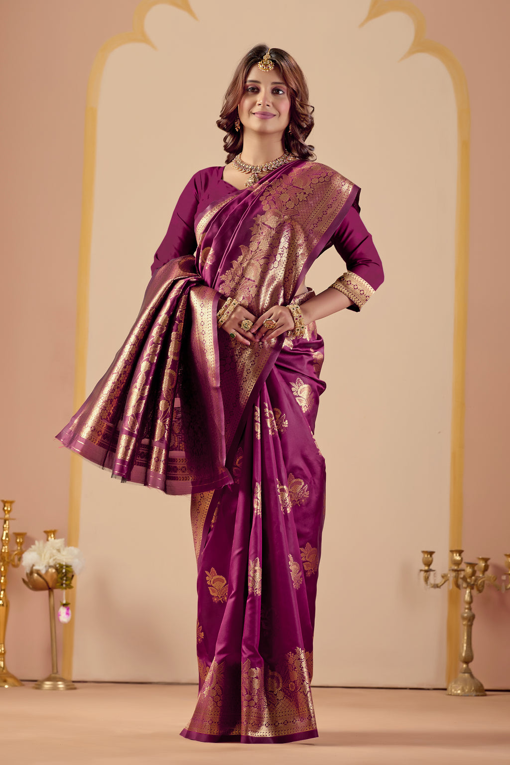 Dark Purple Silk Woven Banarasi Saree With Zari Work
