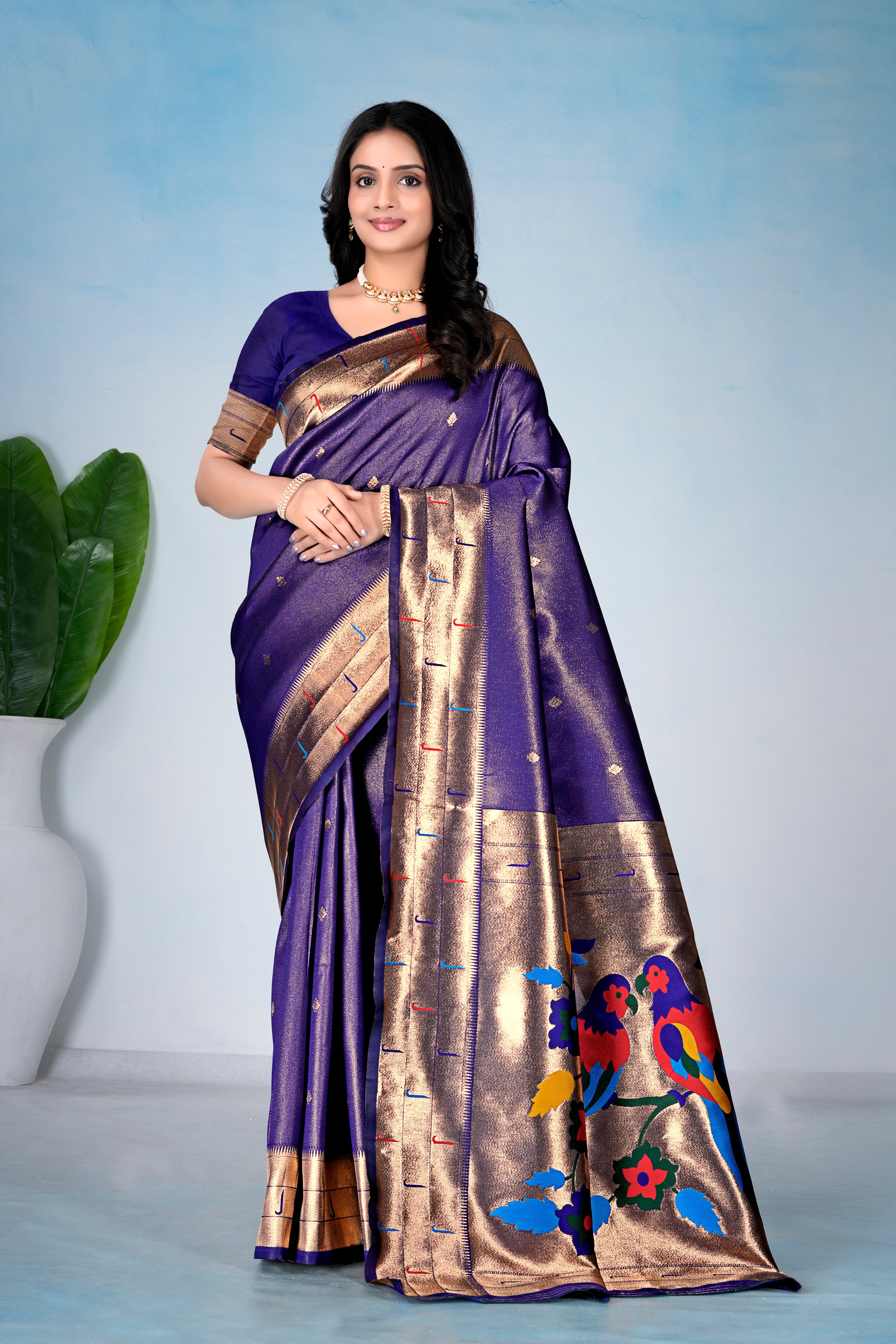 NAVY BLUE Silk Woven Paithani Saree With Weaving Zari Work