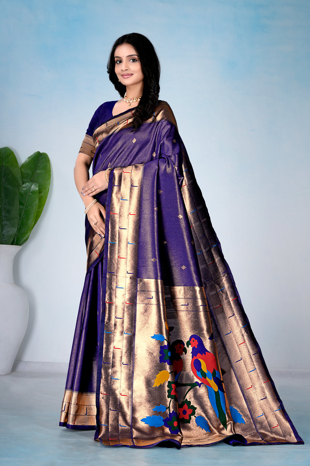 NAVY BLUE Silk Woven Paithani Saree With Weaving Zari Work