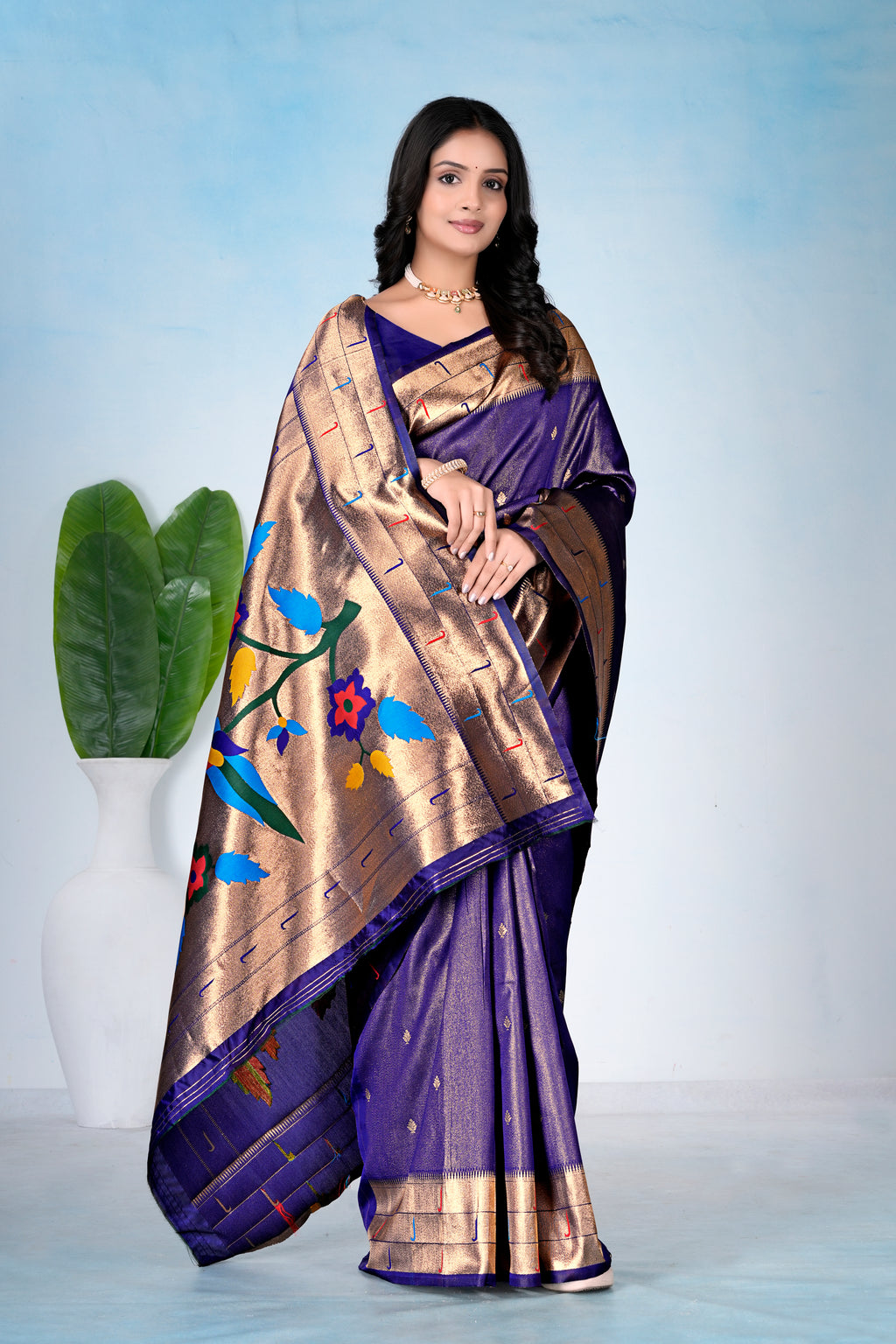 NAVY BLUE Silk Woven Paithani Saree With Weaving Zari Work