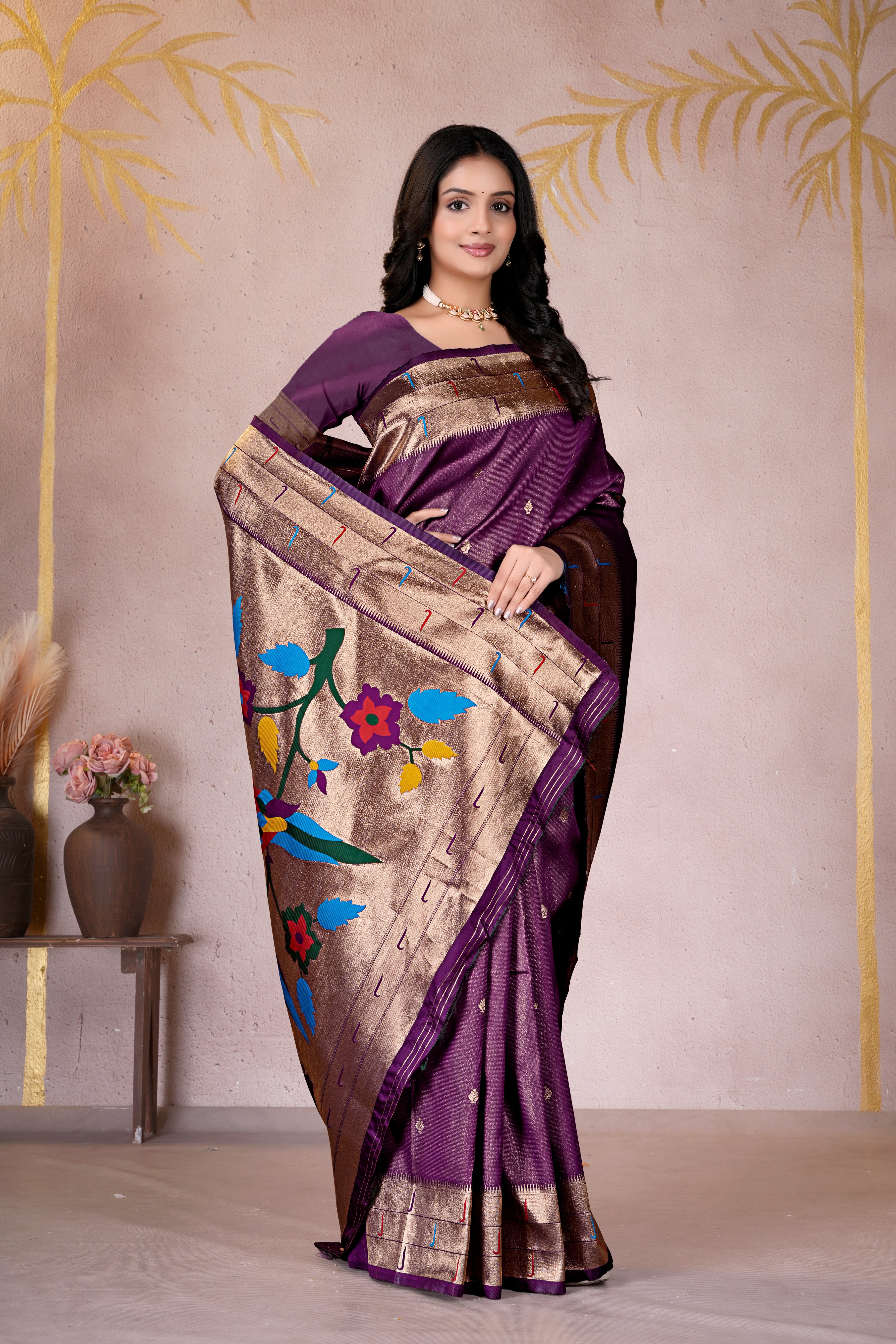 Dark Purple Silk Woven Paithani Saree With Weaving Zari Work