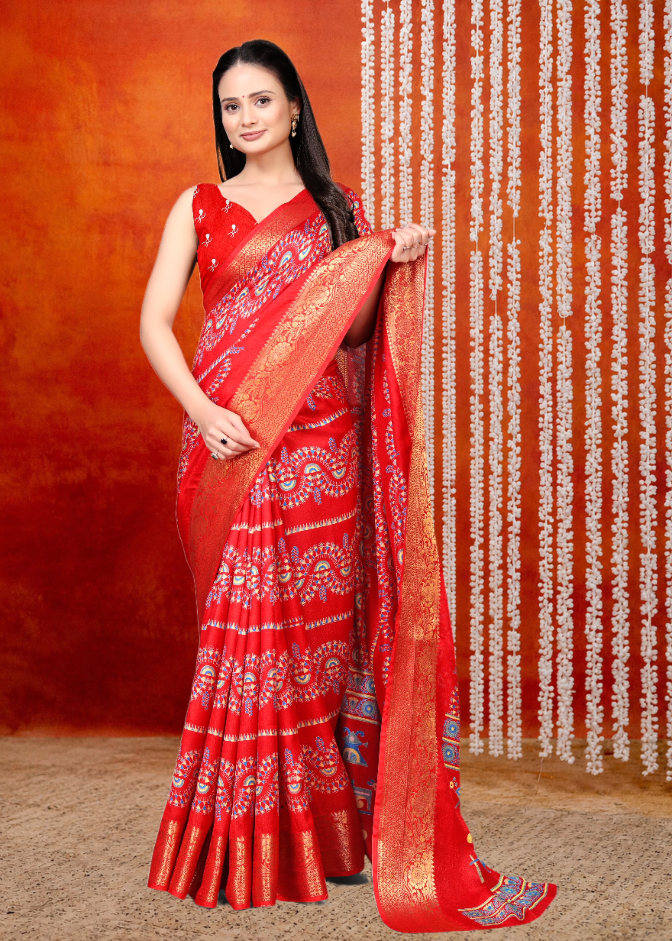 Red Printed Zari Woven Silk Saree