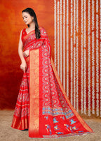 Red Printed Zari Woven Silk Saree